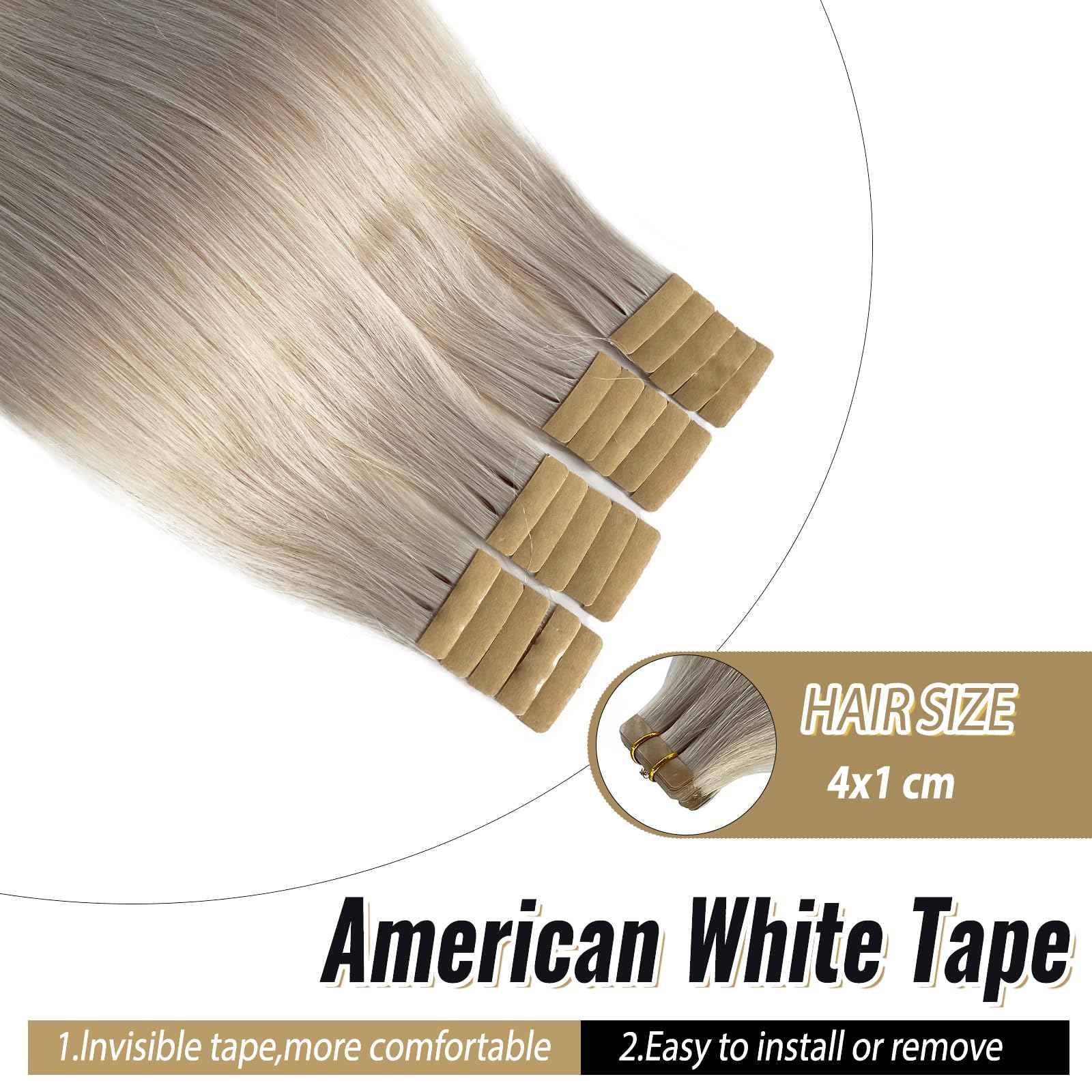Tape in Hair Extensions Ice White Remy Human Hair Skin Weft Invisible Hair Extensions 18 Inch 50g/20pcs