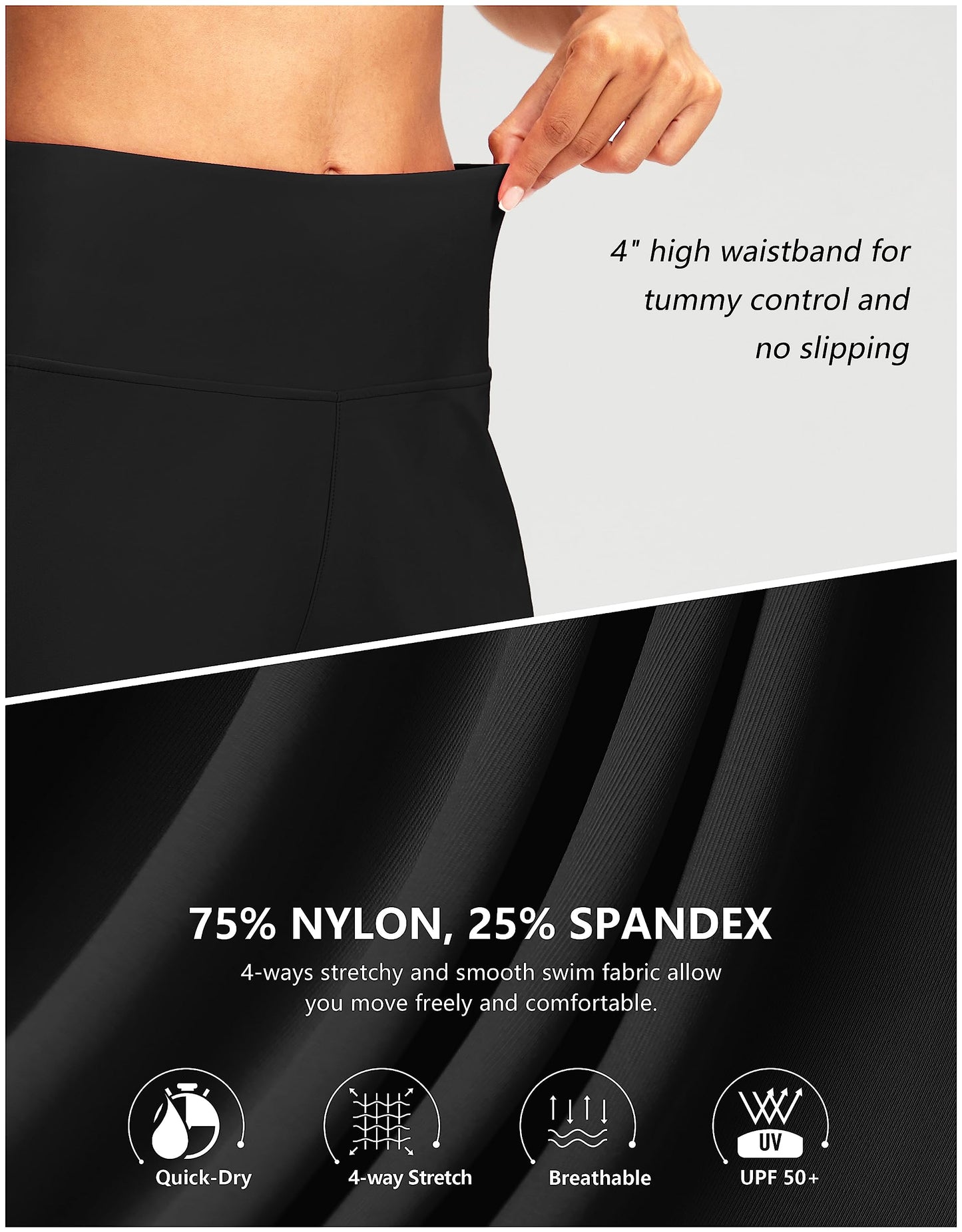 G Gradual Women's 7" Long Swim Board Shorts High Waisted Quick Dry Beach Swimming Shorts for Women with Liner Pockets(Black,S)