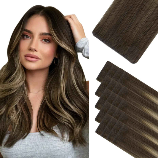 HOTBANANA Invisi Edge Tape in Hair Extensions Human Hair, 10inch 30g 20pcs Balayage Chocolate Brown to Honey Blonde Invisible Tape in Extensions Straight Seamless Real Remy Hair Injected