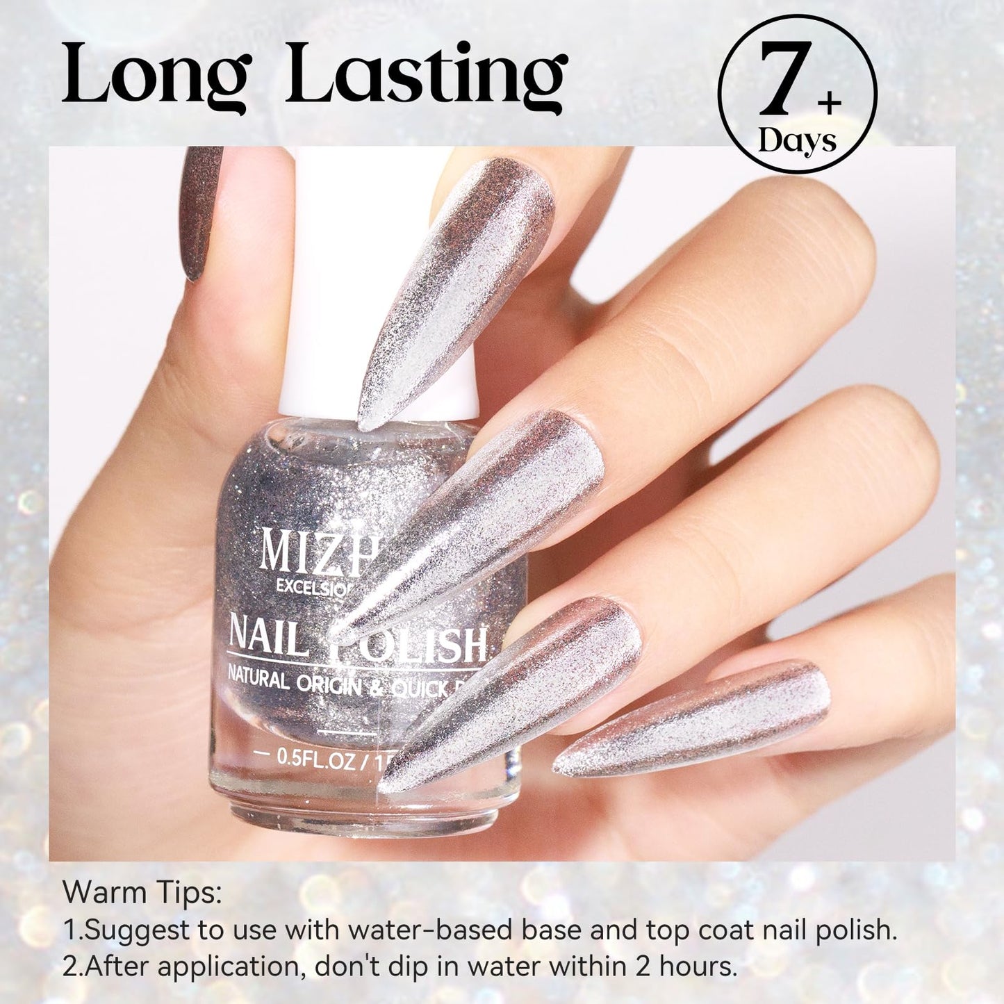 MIZHSE Glitter Nail Polish, Metallic Silver Nail Polish Air Dry Fast, 15ml High Glossy Sparkle Shiny Nail Pigment Water-based Chrome Nail Polish Nail Art Salon Manicure Home