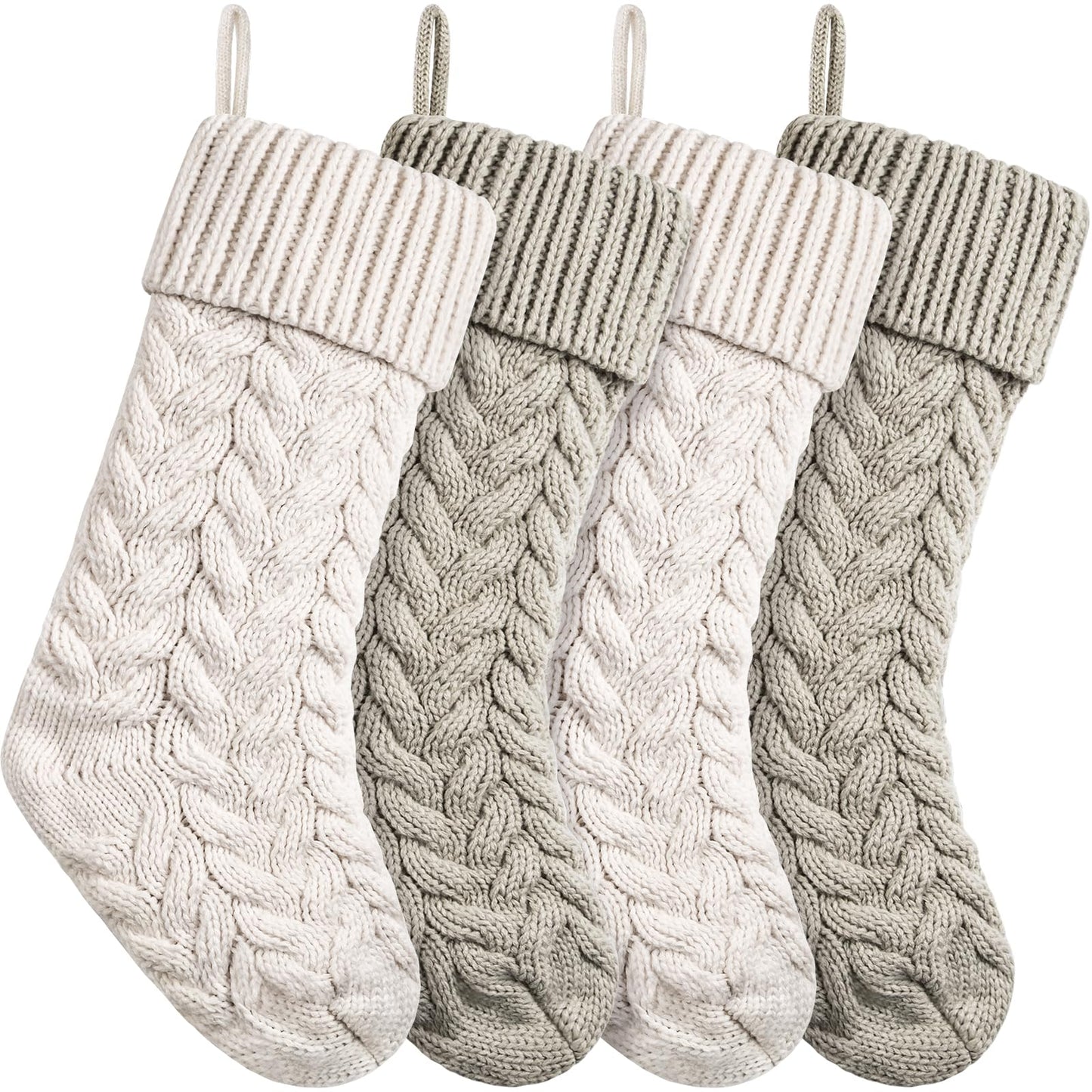 18 Inches Christmas Stockings Knit Xmas Stockings Large Fireplace Hanging Stockings for Family Christmas Decoration (Ivory,Khaki, 4)