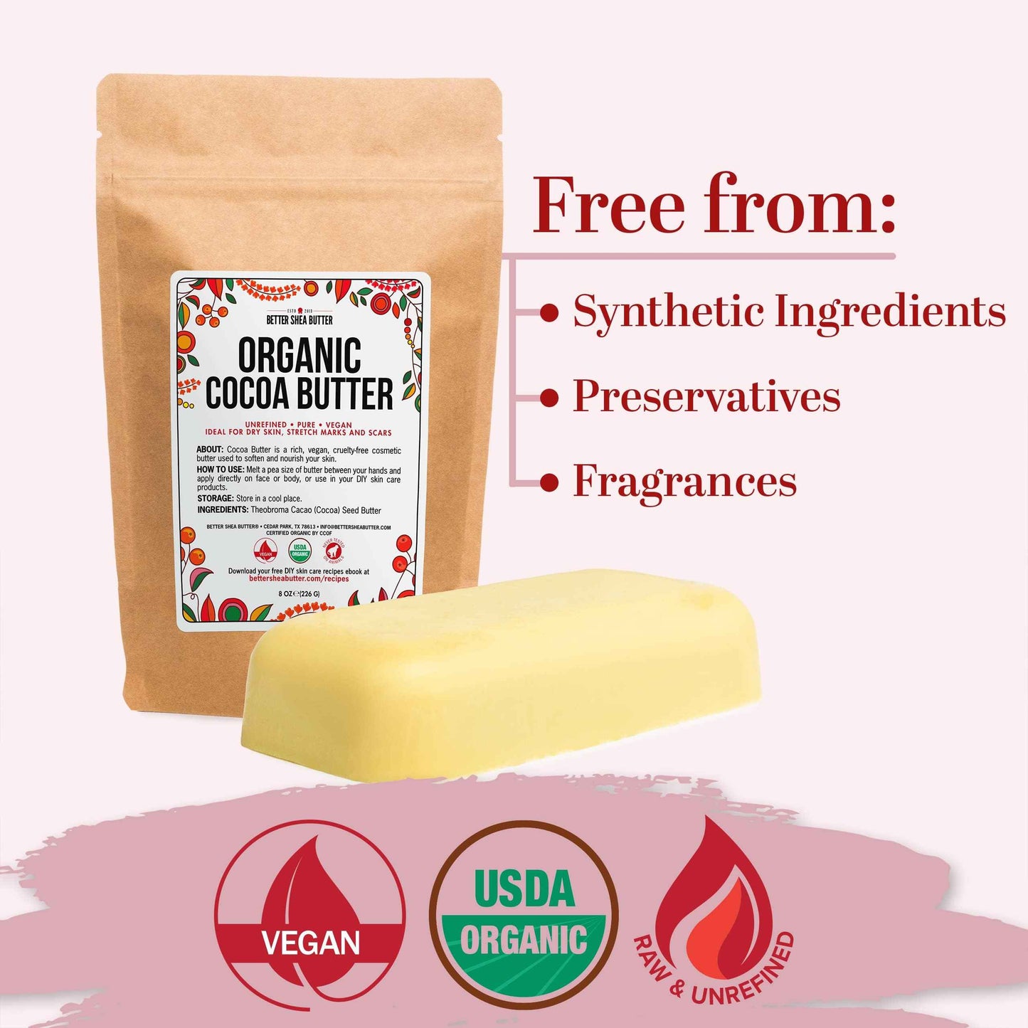 Organic Cocoa Butter Raw Unrefined - Food Grade USDA Certified - for Scars, Stretch Marks Cream - 100% Cocoa Butter Raw Organic for Skin Moisturizer, Lip Balm 8 oz