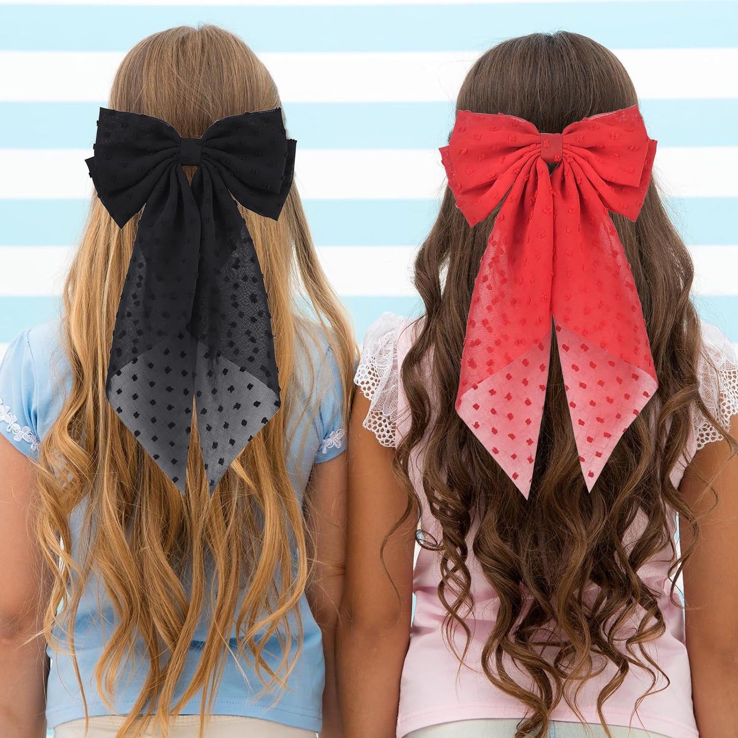 2PCS Large Hair Bows Ribbon Hair Clips, Double Layers Big Bow Hair Clip With Long Tail Ribbon Bowknot Hair Barrettes, Ponytail Holder Hair Accessories for Women Girls (Black+Red)