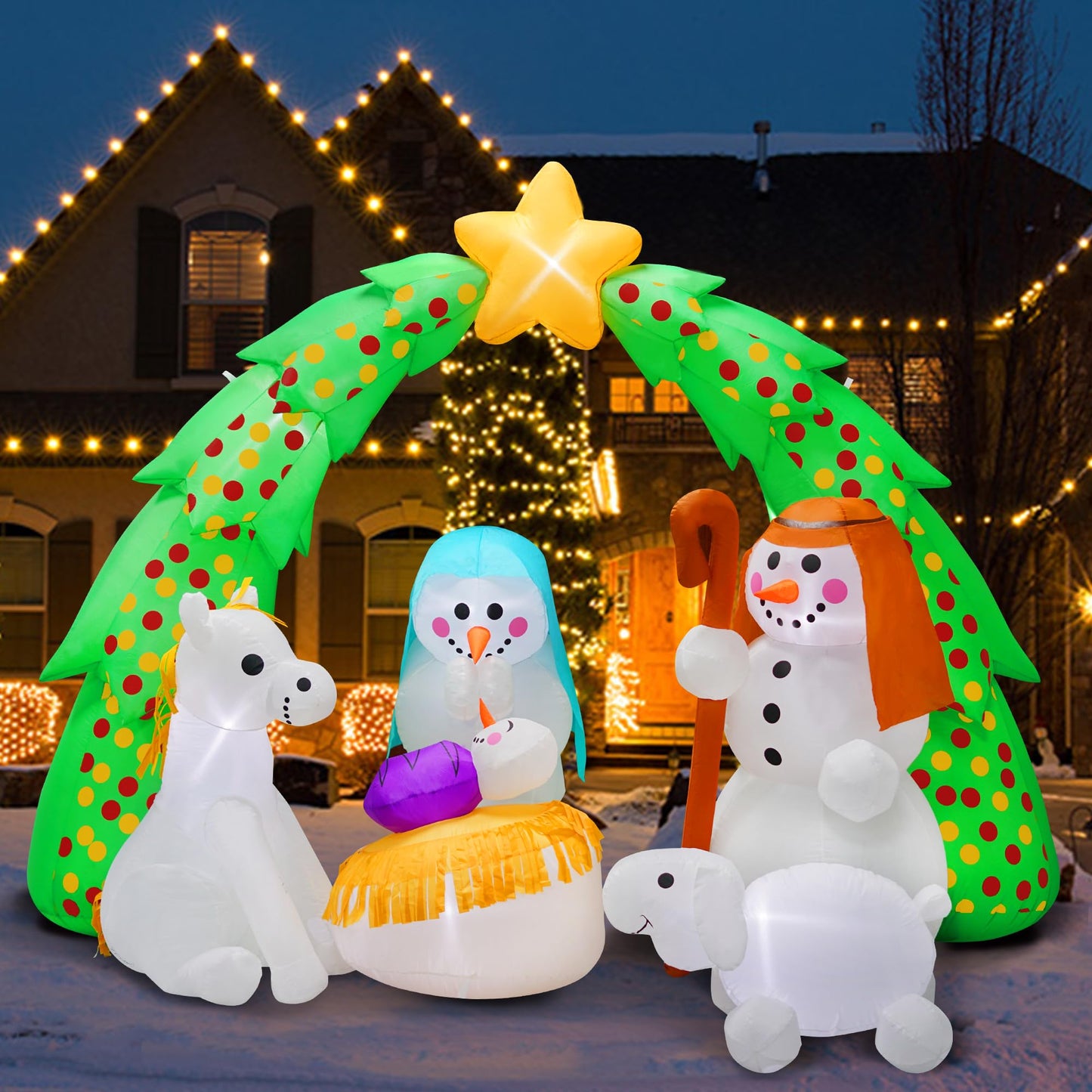 10Ft Length Christmas Inflatable Nativity Scene Decoration Tree Arch Xmas Snowman Cosplay Nativity Scene with LED Lights for Home Lawn Yard Indoor Outdoor Decorations