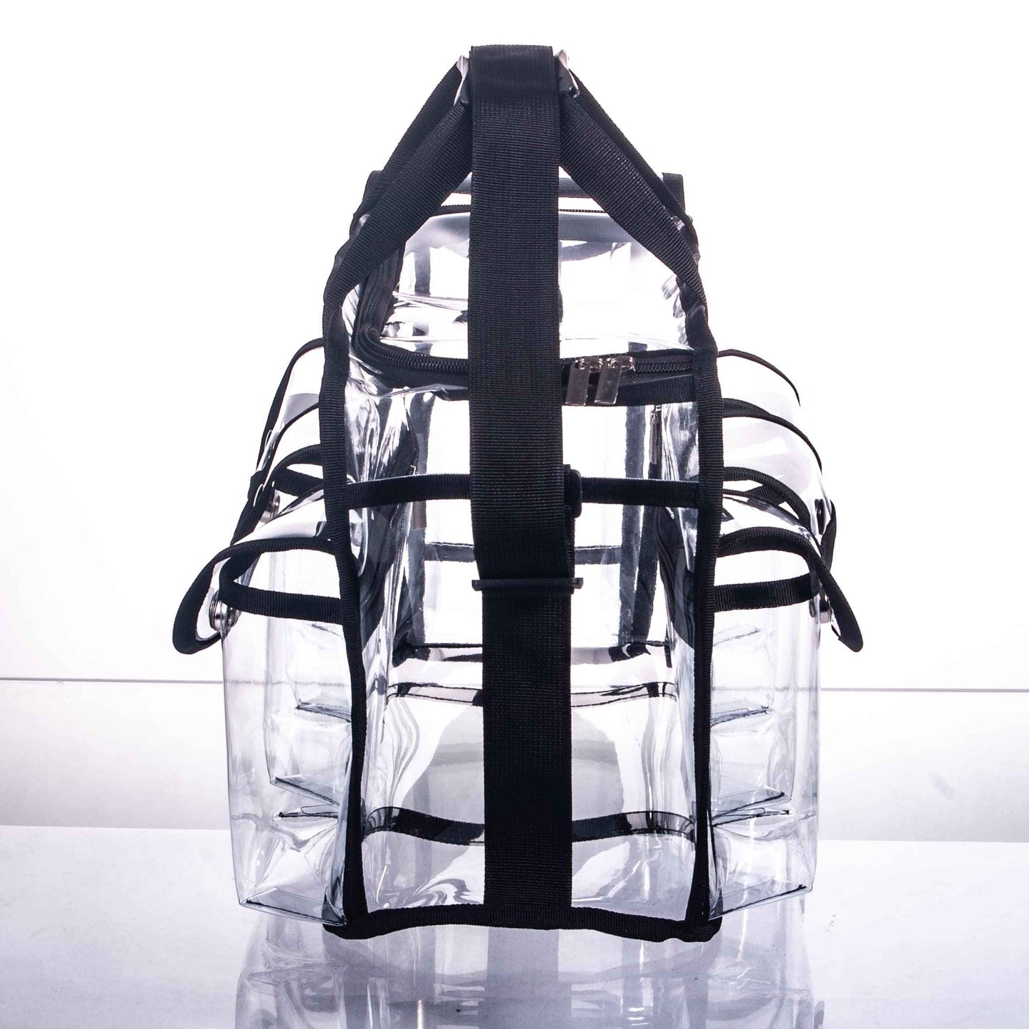 Wide Open Large Professional Clear PVC Travel Makeup Artist Set Bag Cosmetic Nails Beauty Bags Transparent Vinyl Tool Organizer Beach Bags Diaper Bag with 6 External Pockets & Strap (Black)