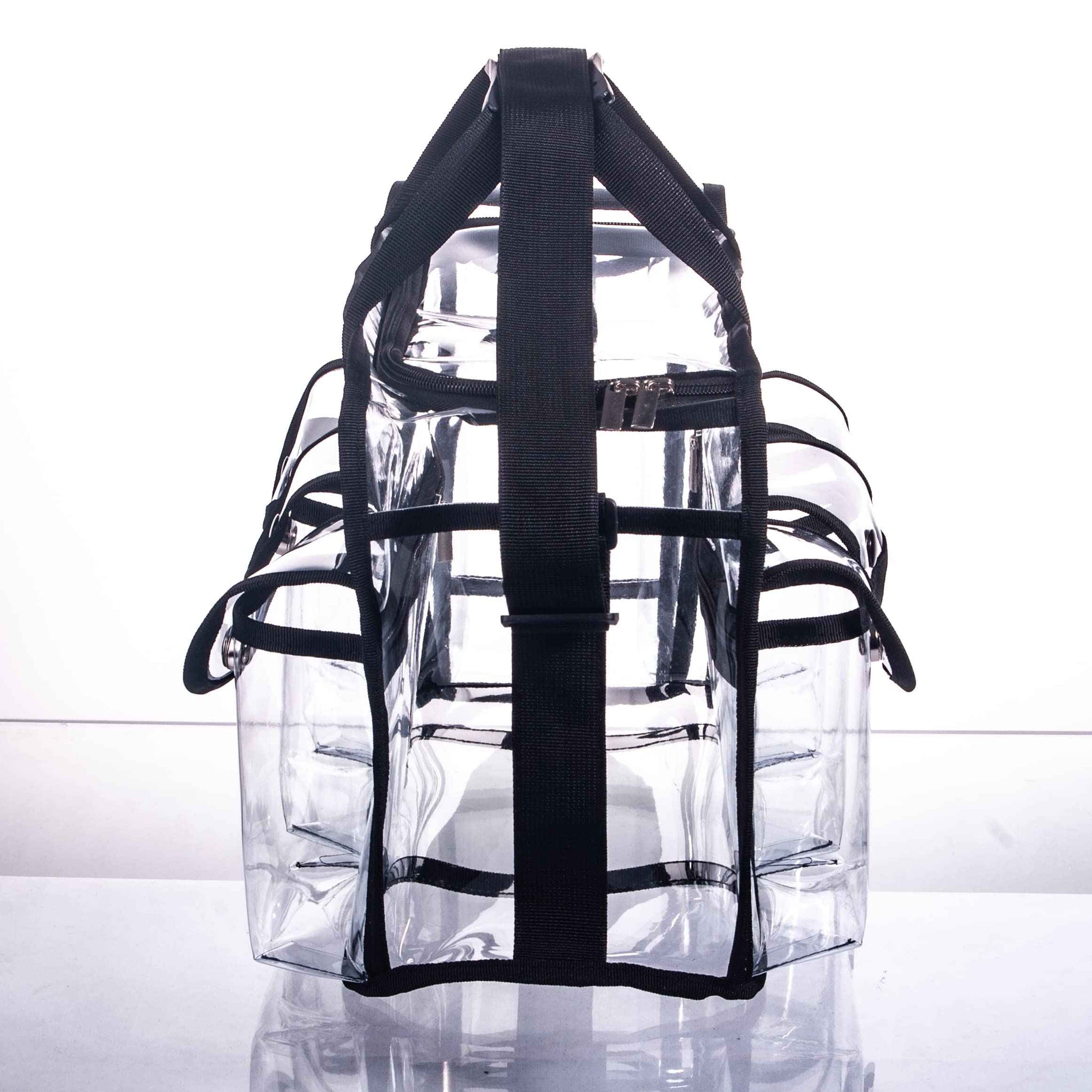 Wide Open Large Professional Clear PVC Travel Makeup Artist Set Bag Cosmetic Nails Beauty Bags Transparent Vinyl Tool Organizer Beach Bags Diaper Bag with 6 External Pockets & Strap (Black)