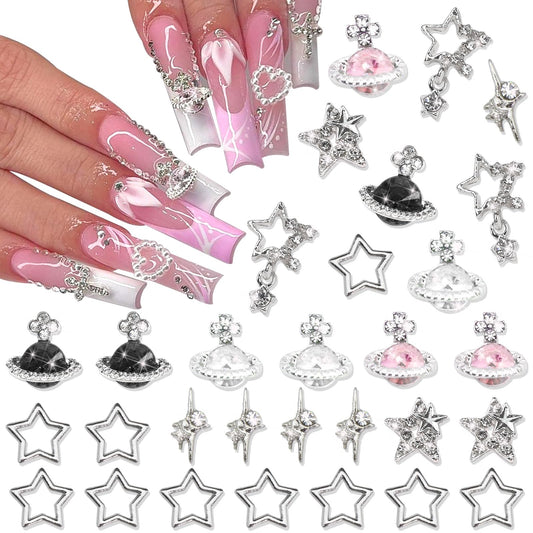 RODAKY 30PCS Star Nail Charms Saturn Planet Nail Art Jewelry Mixed Color Nail Gems Dangle Star Charms for Nails Art Shiny Starlight Nail Rhinestone Y2K Style Nail Decoration for Manicure Design