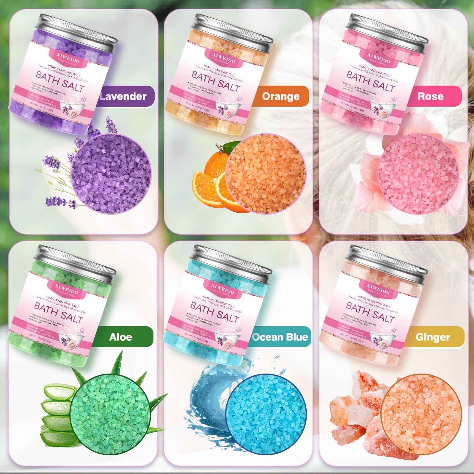 XIWEIOO 6 Pack Bath Salt KIT for Soaking Himalayan Pink Salt Lavender Orange Rose Pink Scent Epsom Salt Bubble Bath for Women Gift with Dead Sea Salt Moisturizing Skin Essential Oil
