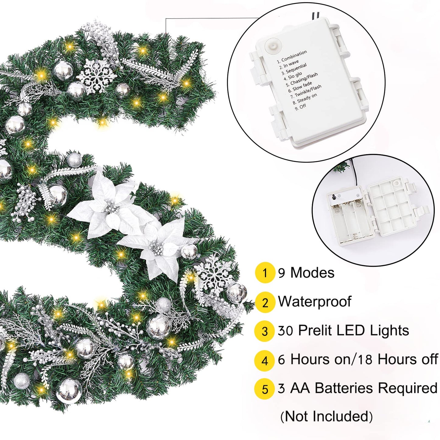 Prelit 6 Feet Christmas Garland Silver White with Battery Operated 30 LED Lights, Ball Ornaments, Snowflakes, Poinsettia Flowers & Berries, Garland Christmas Decoration for Indoor Outdoor Mantel