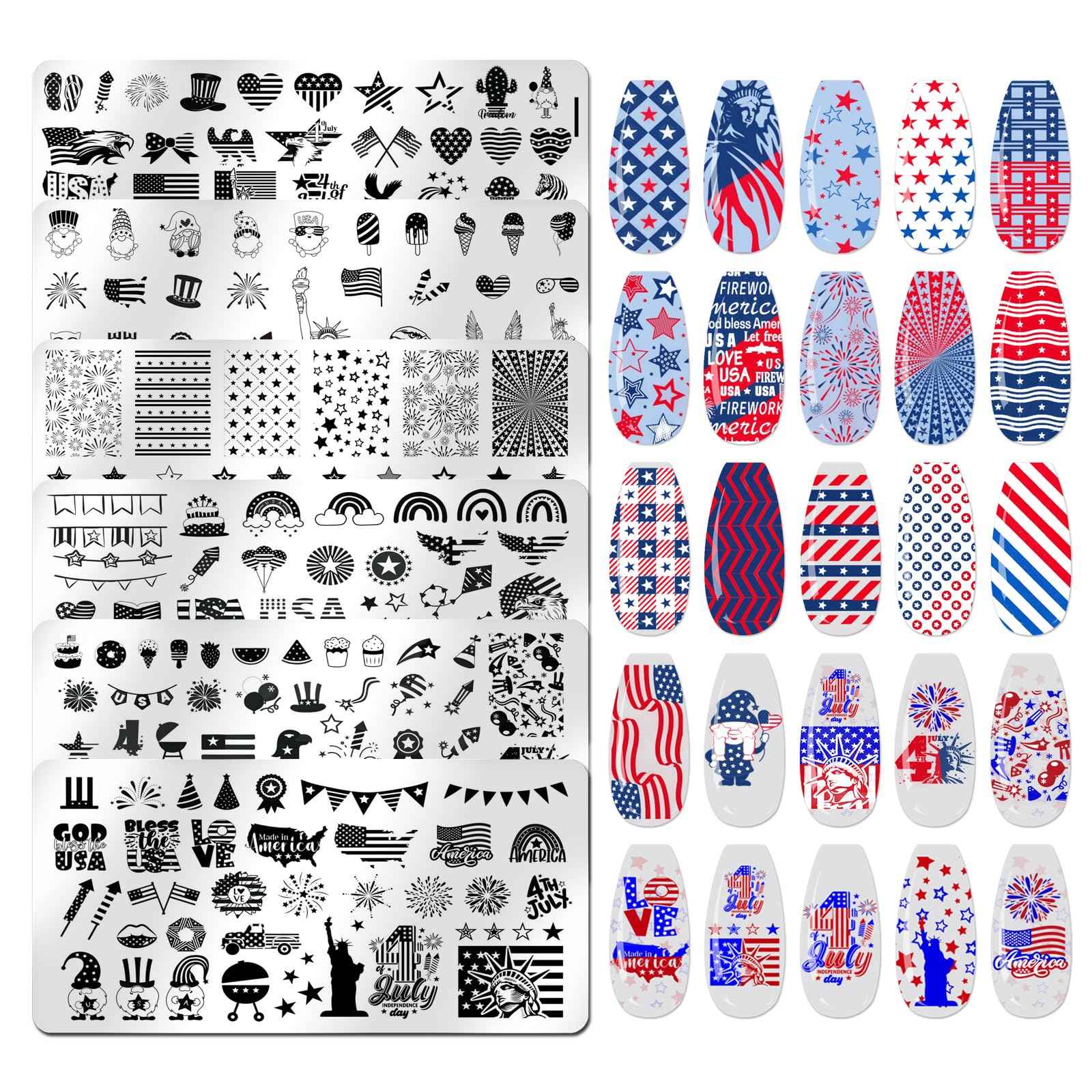 JERCLITY 6pcs 4th of July Nail Stamping Plates Independence Day Nail Stamping Kit Patriotic American Flag Star Statue of Liberty Image Plates Nail Art Design Template Print Nail Stamper Kit for Women
