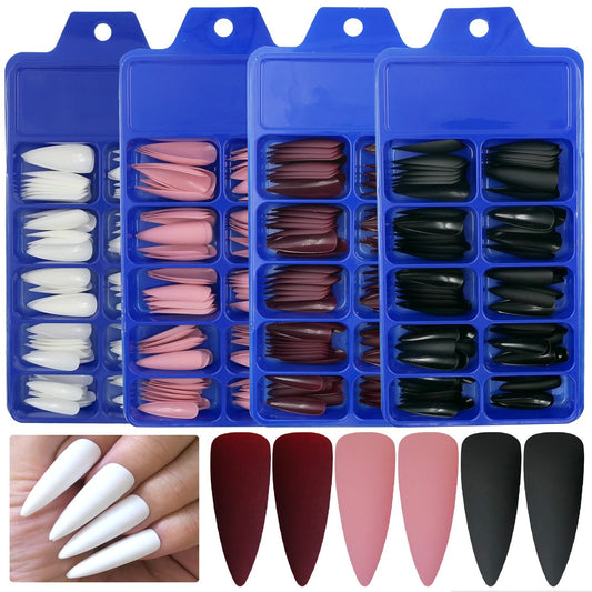 LuckForever 400pc Matte Press on Nails Long Stiletto Fake Nails Full Cover Colored French Artificial Fingernail Tips 4 Colors for Women Girls Manicure DIY