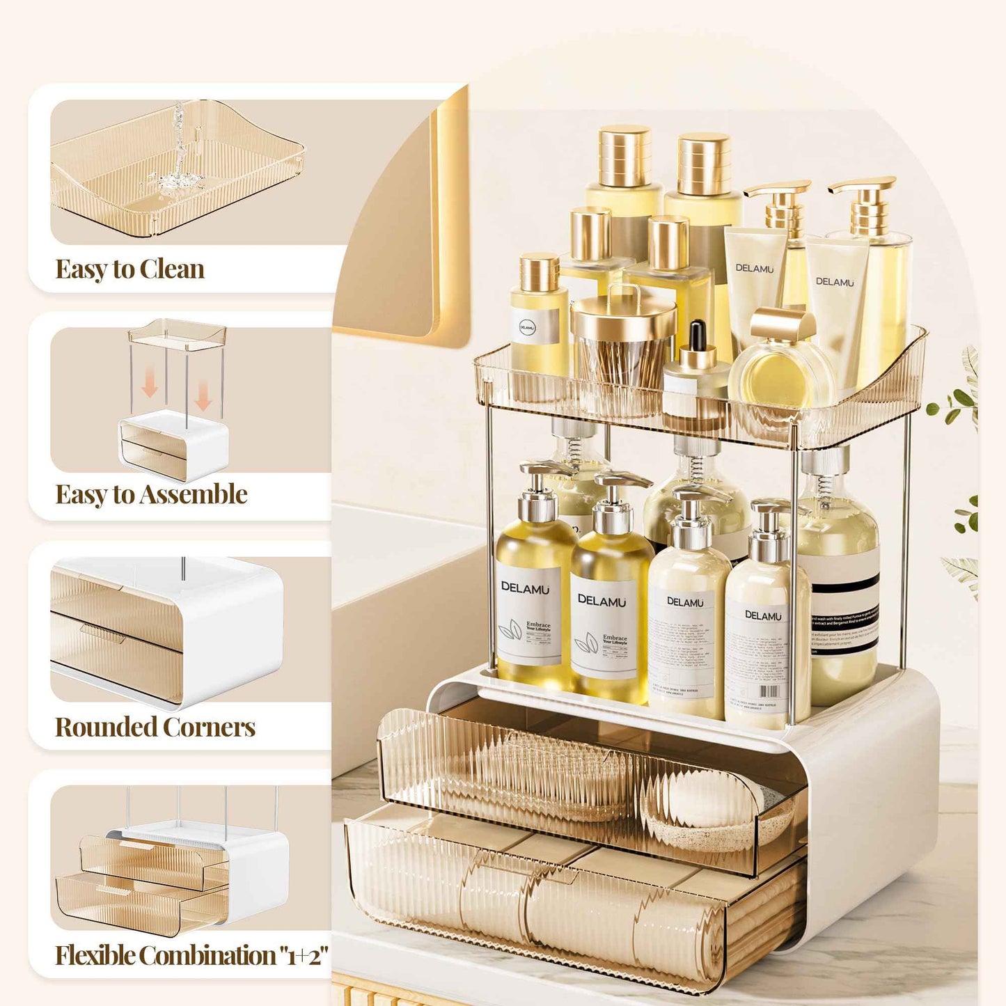 Delamu Bathroom Counter Organizer 2-Drawers 2-Tier Acrylic Makeup Organizer for Vanity Countertop, Skincare Perfume Storage, Easy Assembly, Ideal for Women, Bath Linen Sets, Amber