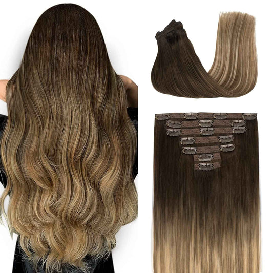 Fimislosion Real Hair Extensions Clip in Human Hair, Seamless Clip in Hair Extensions Real Human Hair, 16 Inch Clip ins extensions for women, Dark Brown to Chestnut Brown and Honey Blonde 120G 7Pcs