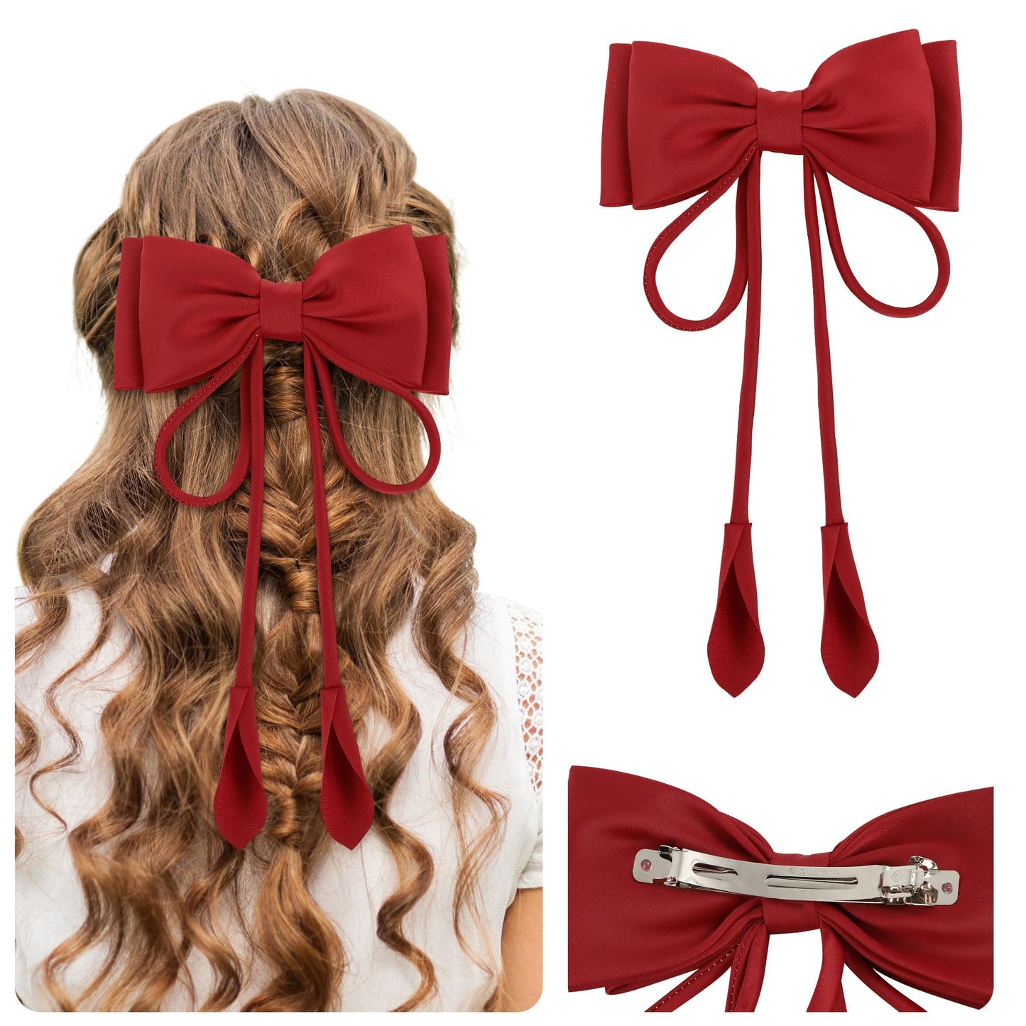 Big Bow Hair Clips for Girls, Silky Satin Hair Bows Clips Tail, Large Hair Barrettes for Women,Big Hair Bow,Metal Clips Hair Bow for Women，Hair Bows for Women (1 Pcs Red)