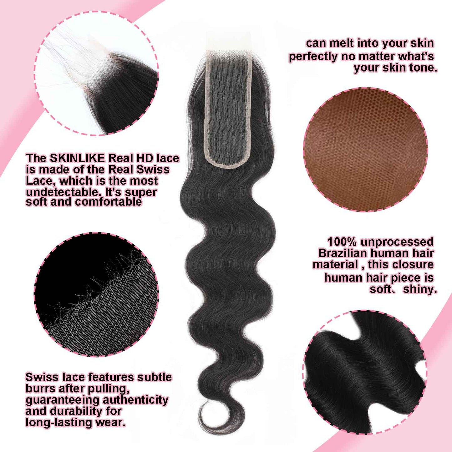 2x6 Skinlike Real HD Lace Closure Body Wave 100% Human Hair 0.095mm Ultra-thin Kim K HD Lace Closure Pre-plucked with Natural Hairline Small Single Knots Natural Black 16 Inch