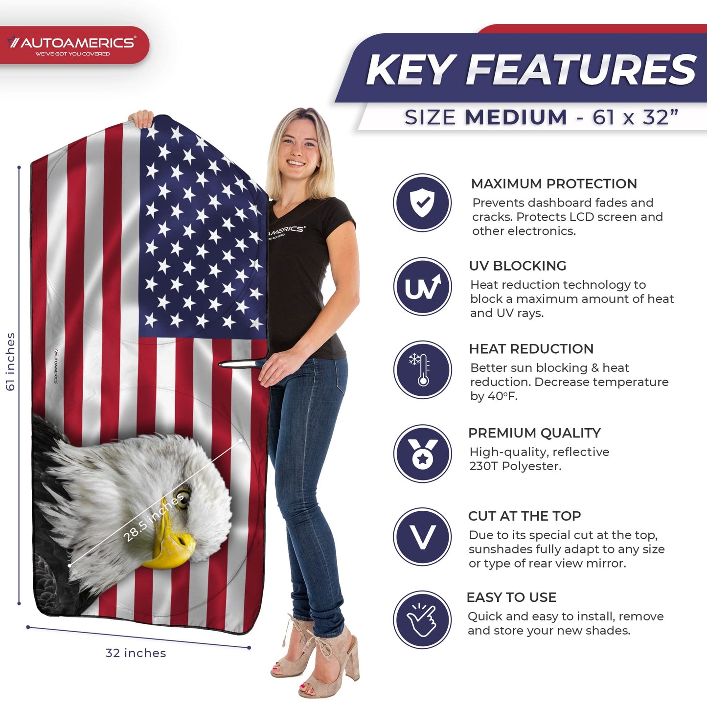 Autoamerics 1-Piece Windshield Sun Shade New American Eagle Flag USA Patriotic Design - Foldable Car Front Window Sunshade for Sedans SUV Truck - Blocks Max UV Rays and Keeps Your Vehicle Cool Medium