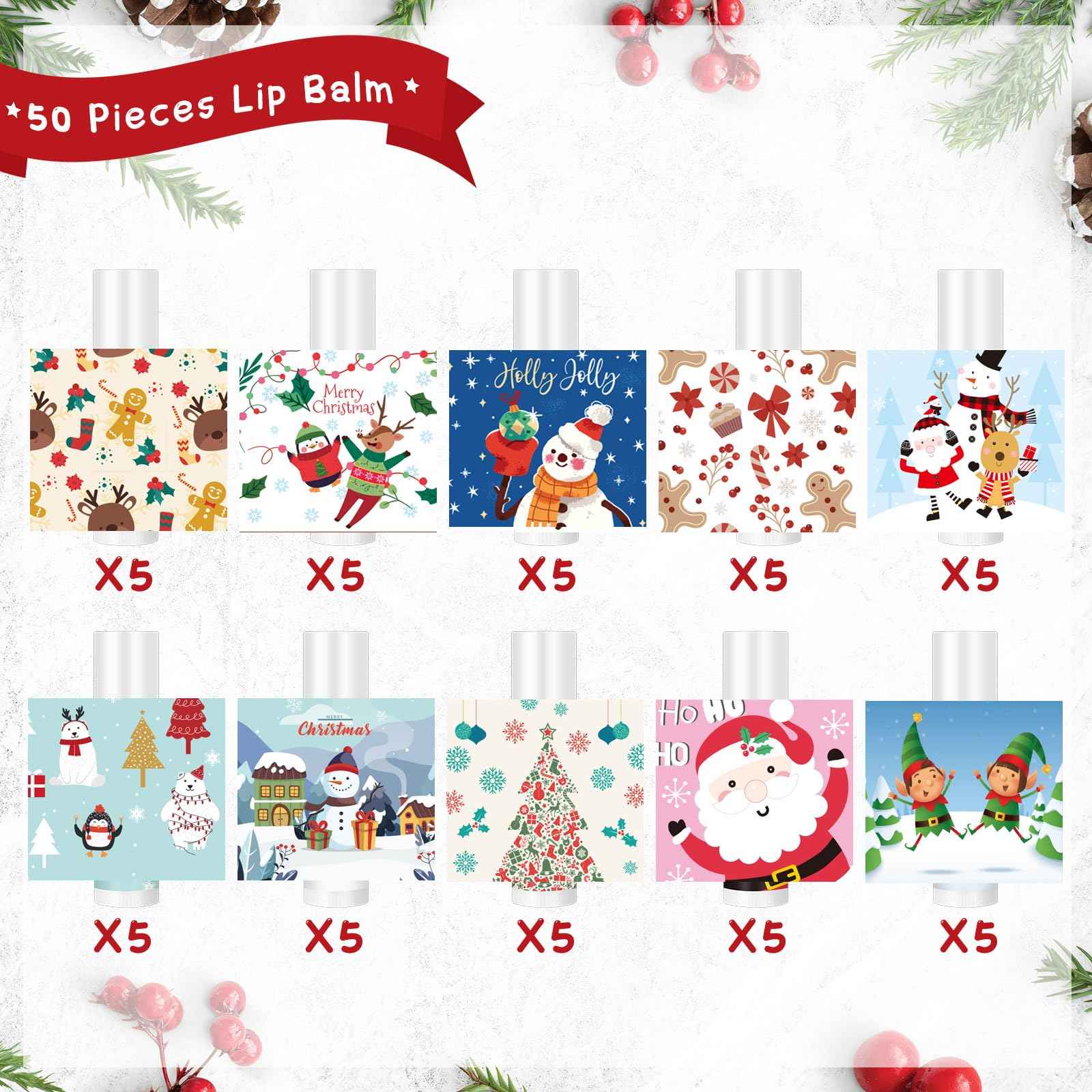 MTLEE 50 Pcs Christmas Lip Balm Bulk with 10 Designs 5 Flavored Holiday Gifts Moisturizing Lip Balms Stocking Stuffer Gift Christmas Party Supplies Favors for Kids Women Men