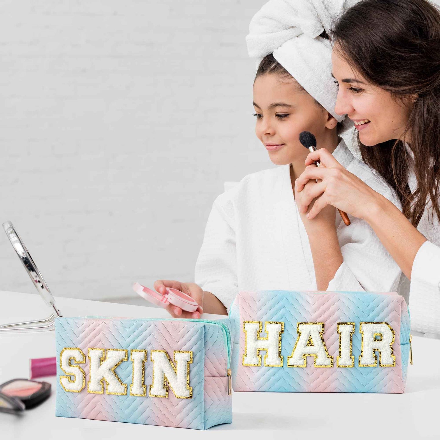 Y1tvei Preppy Patch SKIN HAIR Chenille Letter Blue Pink Gradient Makeup Bag Colorful Leather Waterproof Portable Fantasy Cosmetic Pouch Travel Toiletry Bag Carry On Zipper Organizer Gifts for Women