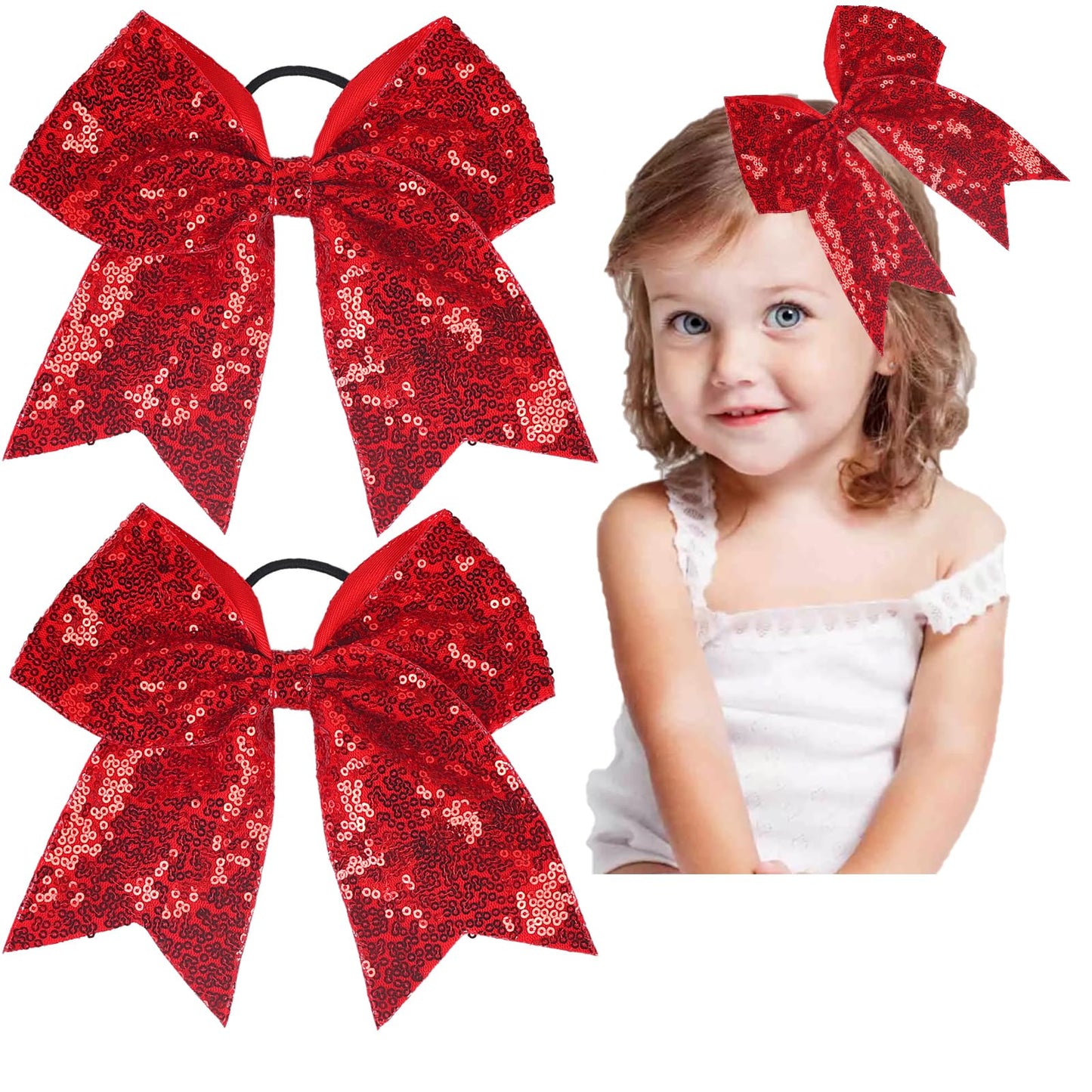 2 PCS 8" Christmas hair bows, Large Sequins Cheer Hair Bows Glitter Cheer Bows Ponytail Holder Elastic Band Handmade for Cheerleaders Teen Girls College Sports (Red)