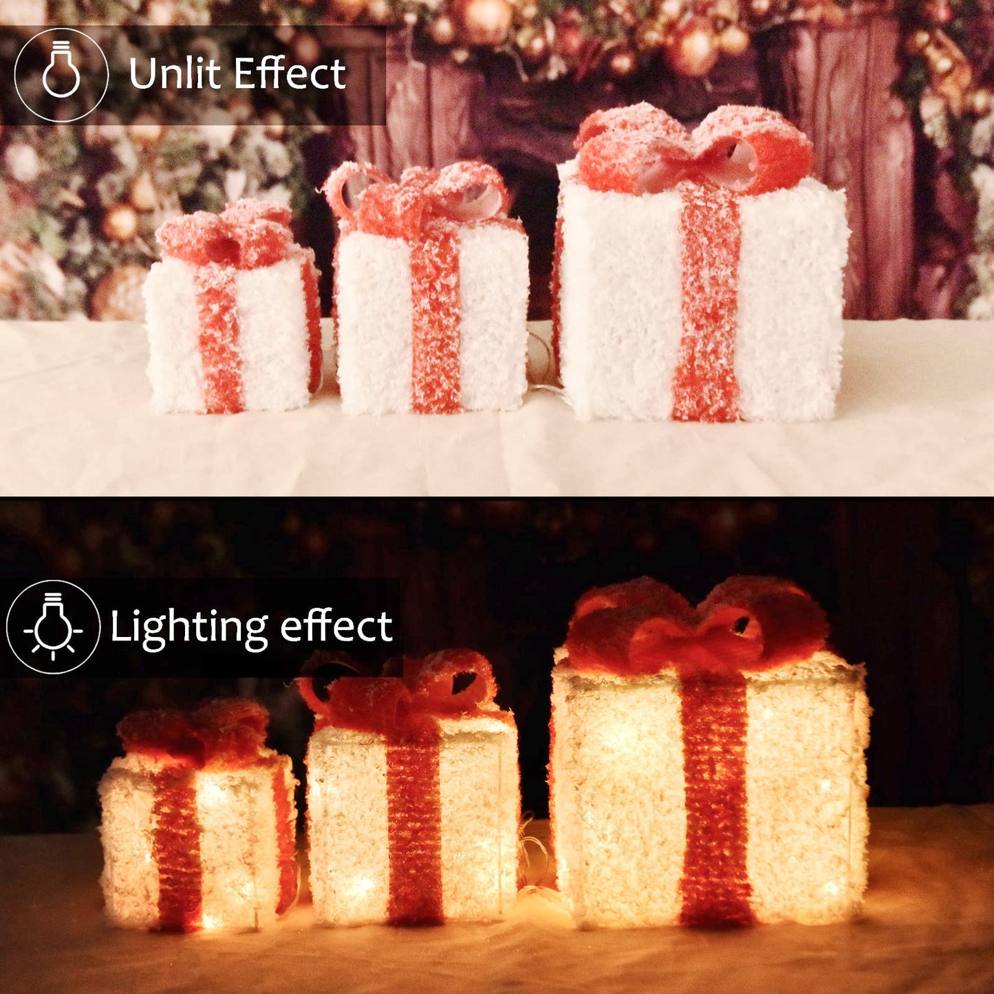 COVFEVER Light up Gift Boxes, Light up Red Bows Present Boxes with Battery Operated for Christmas Decorations Indoor and Outdoor (3 Pack)