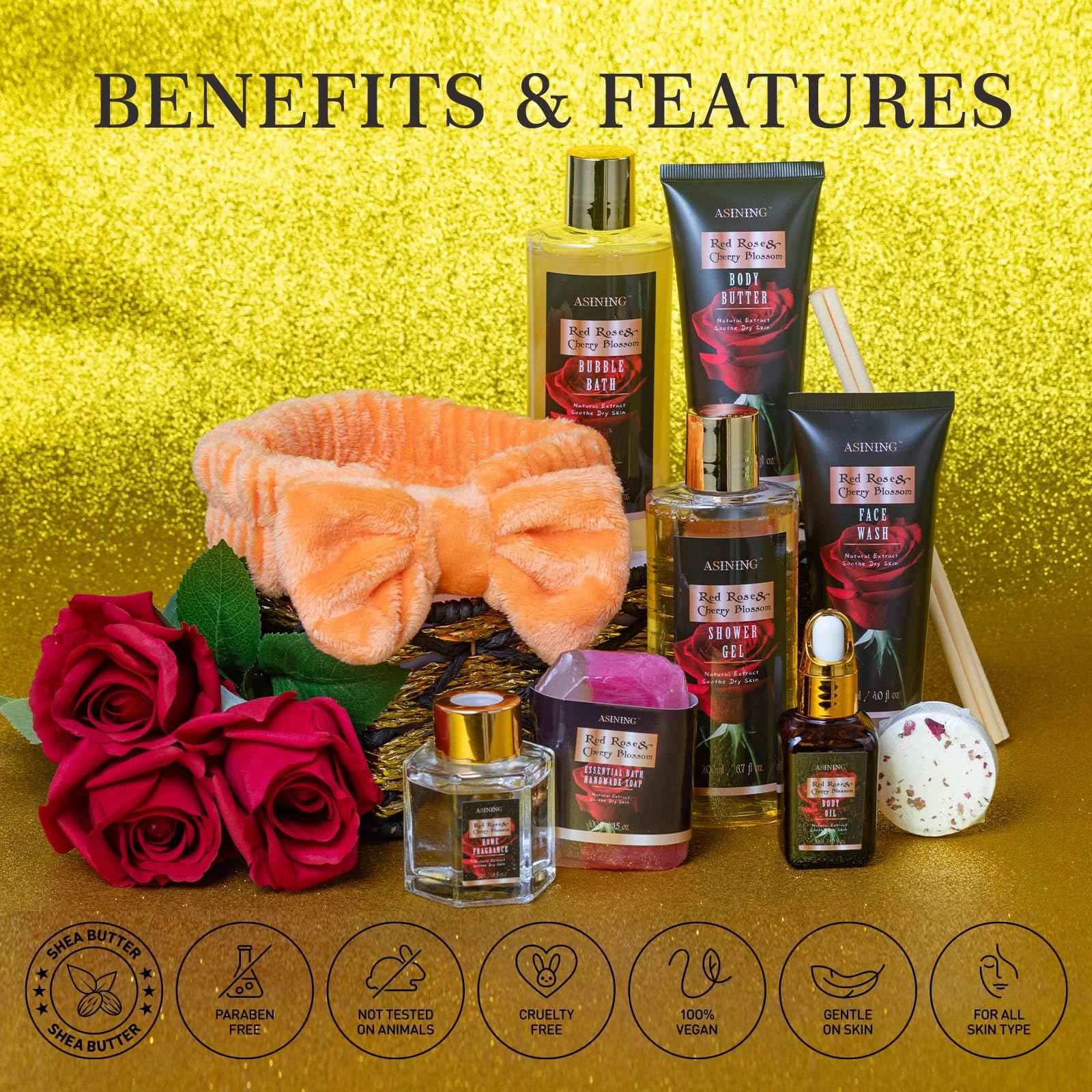 Birthday Gifts for Women, Spa Gift Baskets for Women, 14 Pcs Cherry Blossom & Rose Fragrance Spa Gifts for Mothers Day Gifts, Birthday Gifts for Wife, Self Care Kit