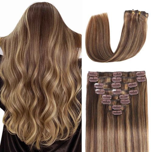 Clip in Hair Extensions Real Human Hair, Seamless Clip ins Real Human Hair for Women, Balayage Remy Human Hair Clip in Extensions, Double Weft 8pcs 16 inch Chocolate Brown to Caramel Blonde