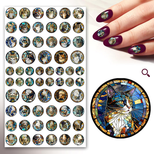 Nail Stickers Decals (5 Sheets) FLONZNAIL Cute Stained Glass Window Art Cats and Kittens Vintage Styled Nail Decor