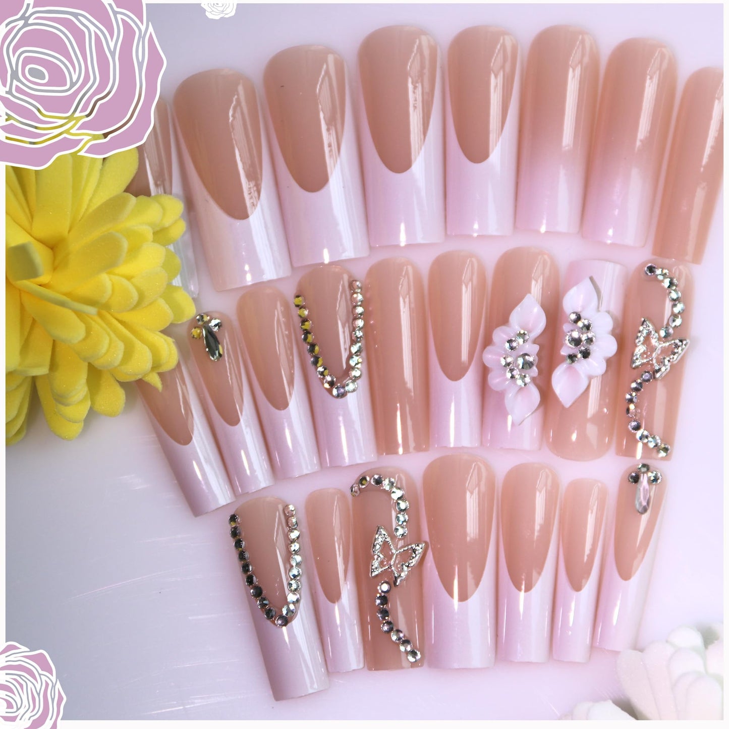 Floral Press on Nails Kit French Tip Nails Press Ons Long Silver butterfly Rhinestone Pink Fake Nails Artificial Coffin Gel Like Glossy 3D FlowerFal se Nail Manicure for Women and Girls for Wedding