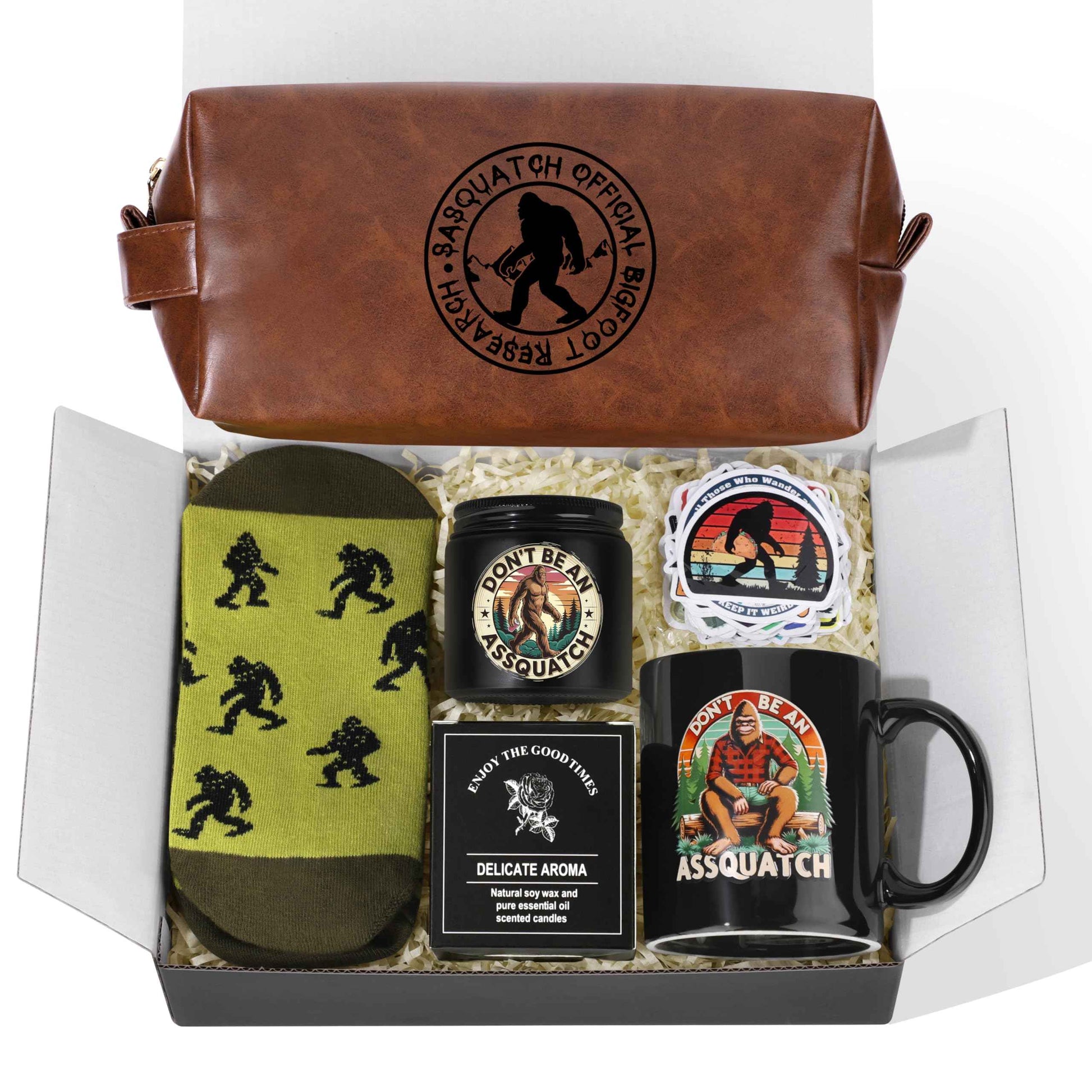 JoycuFF Bigfoot Gifts Big Foot Sasquatch Gifts for Men Sasquatch Lovers Gift Funny Idea for Birthday Gift Christmas Gifts with Big Foot Toiletry Bag Mug Socks Candle Stickers for Him