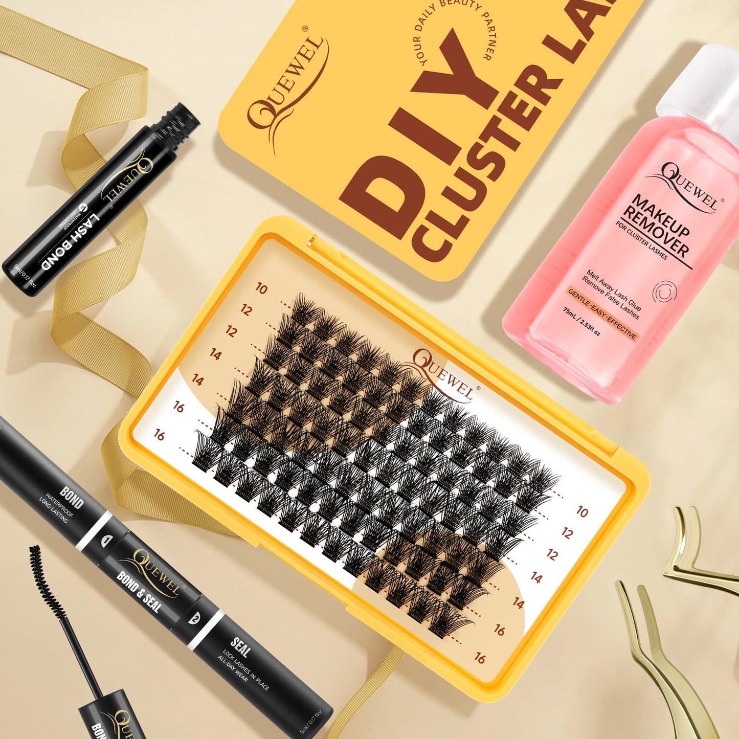 QUEWEL Lash Clusters MIX 10-16mm Cluster Lashes Eyelash Clusters Soft and Lightweight Barely Feel Lash Cluster Presence Suitable for Complete Beginners' DIY Lash Extensions at Home. (MIX 10-16-FDB-03)