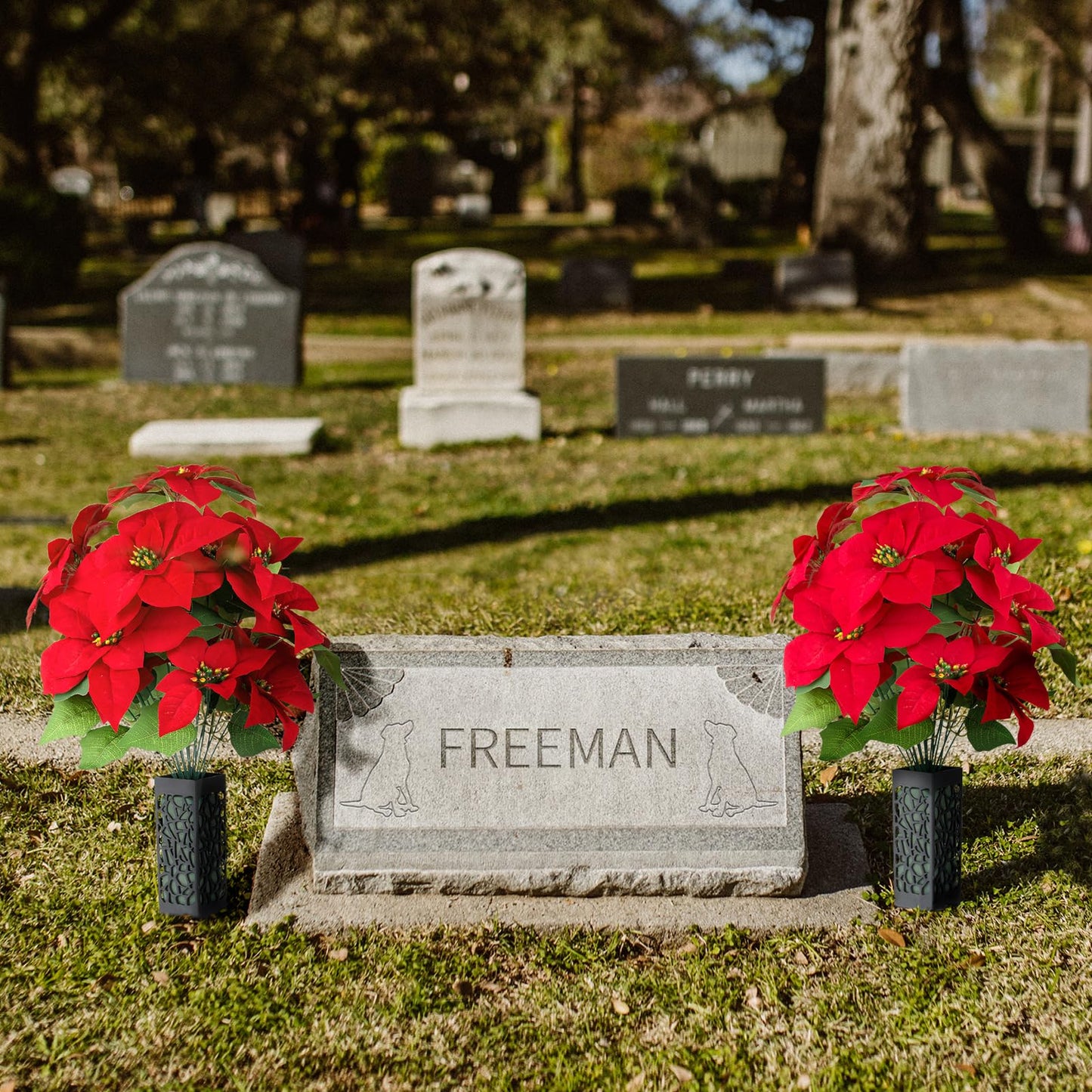 Memobloom Christmas Cemetery Flowers for Grave: 2 Pcs Artificial Red Poinsettias Bouquets for Cemetery Decorations