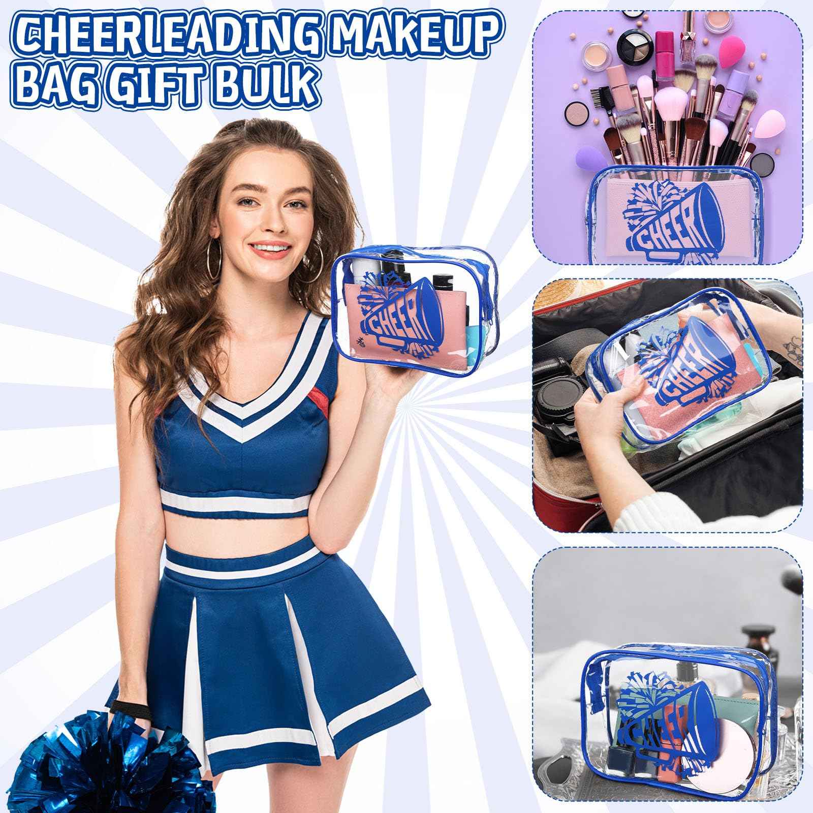 Kacctyen 24 Pcs Cheer Makeup Bag Cheer Gifts Bulk for Team 7 x 4.7 x 2.4'' Cosmetic Bag Cheerleader PVC Makeup Case Clear Toiletry Zipper Pouch for Cheerleading Teammates Party Supplies (Blue)