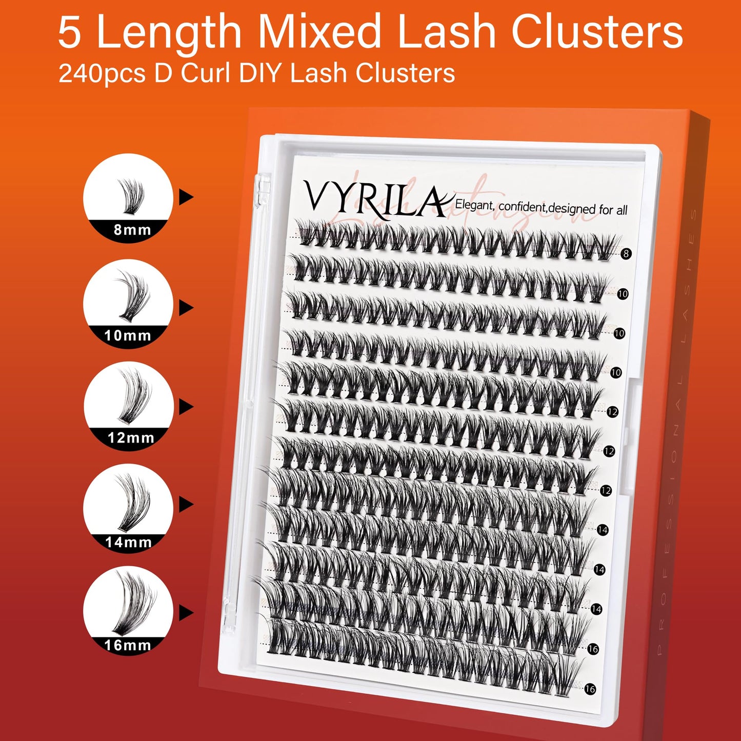 VYRILA Lash Cluster 240pcs Individual Lashes,8-16mm Diy Lash Extension,D Curl Lash Clusters Wispy,3D Natural Lash Clusters Look Like Eyelash Extension DIY at Home (Orange 40P-D-8-16mix)