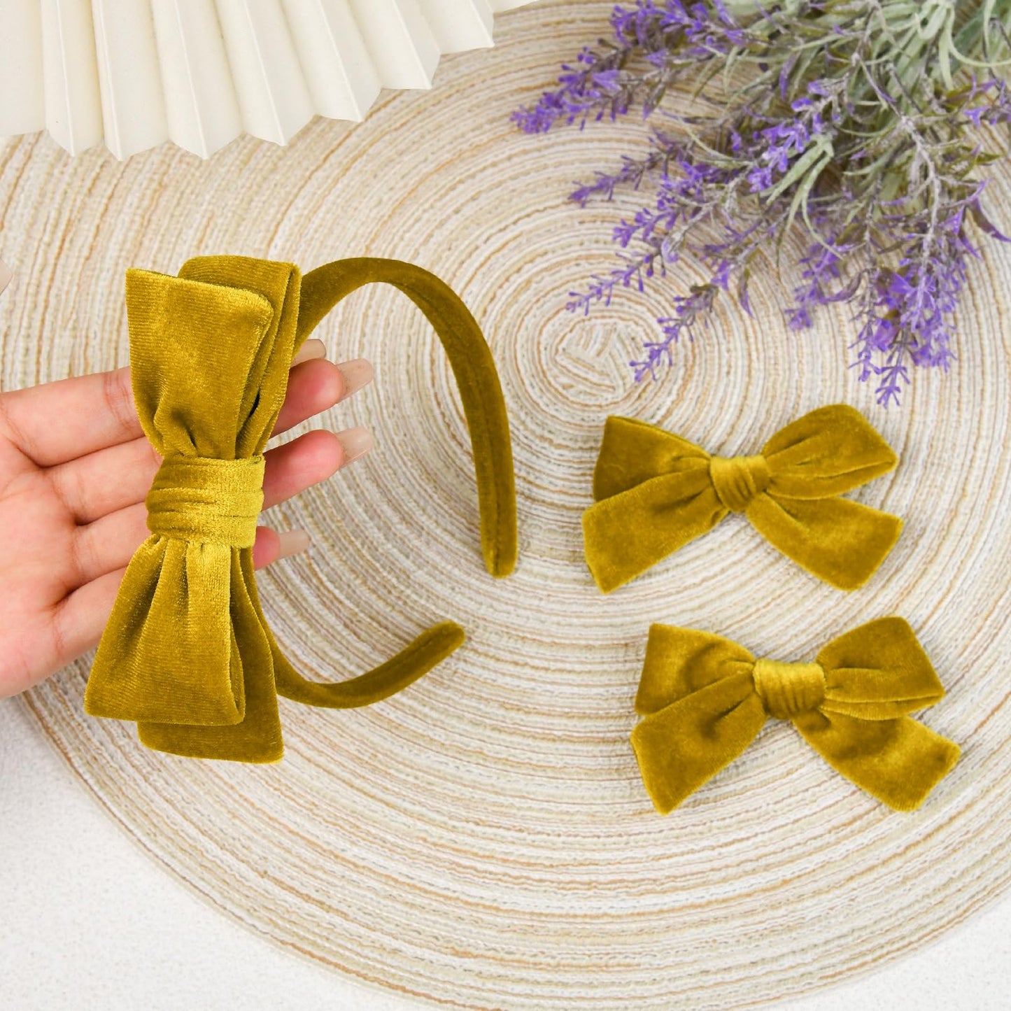 DEEKA Gold Velvet Bow Headband & 2 Pcs Velvet Hair Bows Set Velvet Uniform Hair Accessories Hair Band for Little Toddler School Girls -Gold