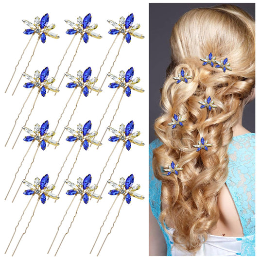 Dizila 12 Pack Royal Blue Sparkly Rhinestone Party Prom Wedding Bridal U-shaped Hairpins Headpieces Hair Accessories for Brides Bridesmaids Women Girls