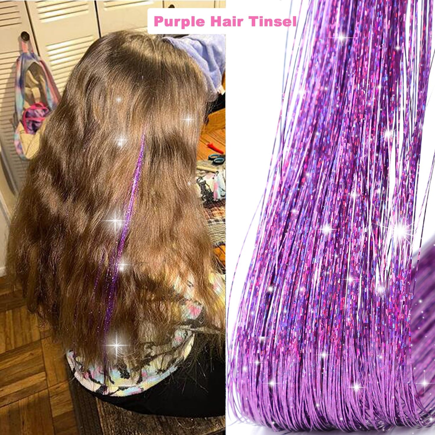 Purple Hair Tinsel Kit With Tools Tinsel Hair Extensions 48 Inches 1200 Strands Fairy Hair Tinsel Heat Resistant Glitter Hair Extensions Sparkling Shiny Hair Tensile for Women Girls Kids (Purple)