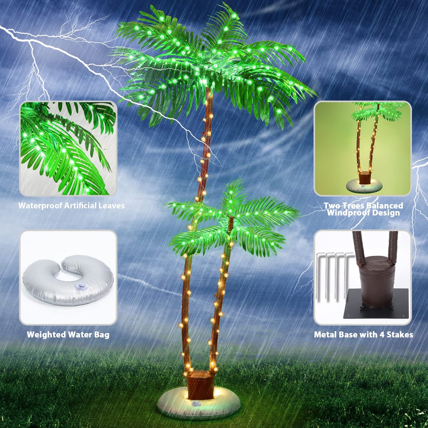 OUSHENG Solar Lighted Palm Trees for Outside Patio, Bar Pool Deck Outdoor Decorations Decor, Light Up LED Artificial Fake Tree Lights for Yard Tropical Party Christmas