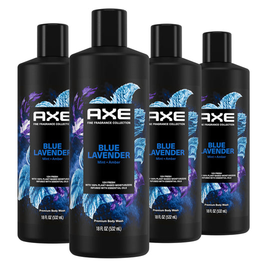 AXE Fine Fragrance Collection Body Wash For Men Blue Lavender 4 Count 12h Refreshing Scent Shower Gel Infused with Lavender, Mint, and Amber Essential Oils 18 oz