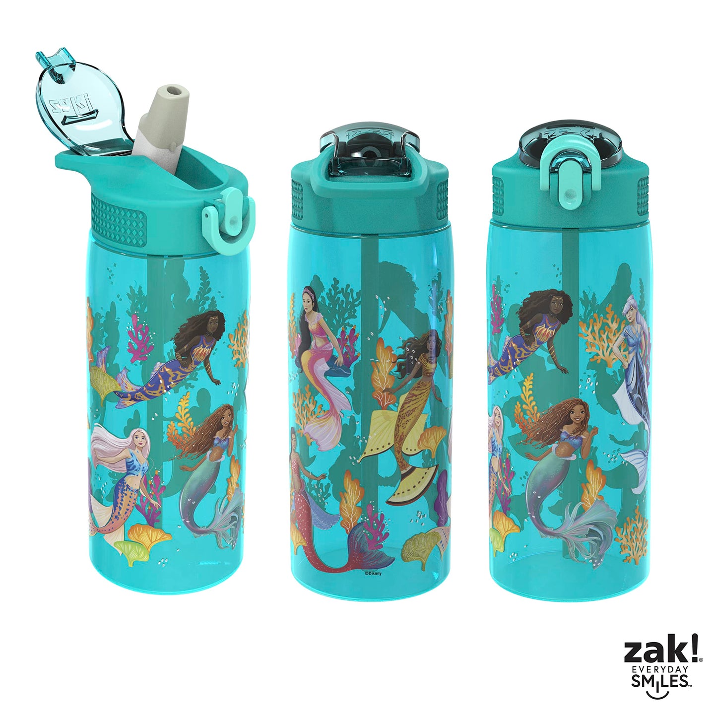 Zak Designs Disney The Little Mermaid 2023 Kids Water Bottle For School or Travel, 25oz, Durable Plastic, with Pop-Up Antimicrobial Spout and Cover, Handle, and Leak-Proof (Ariel and Sisters)