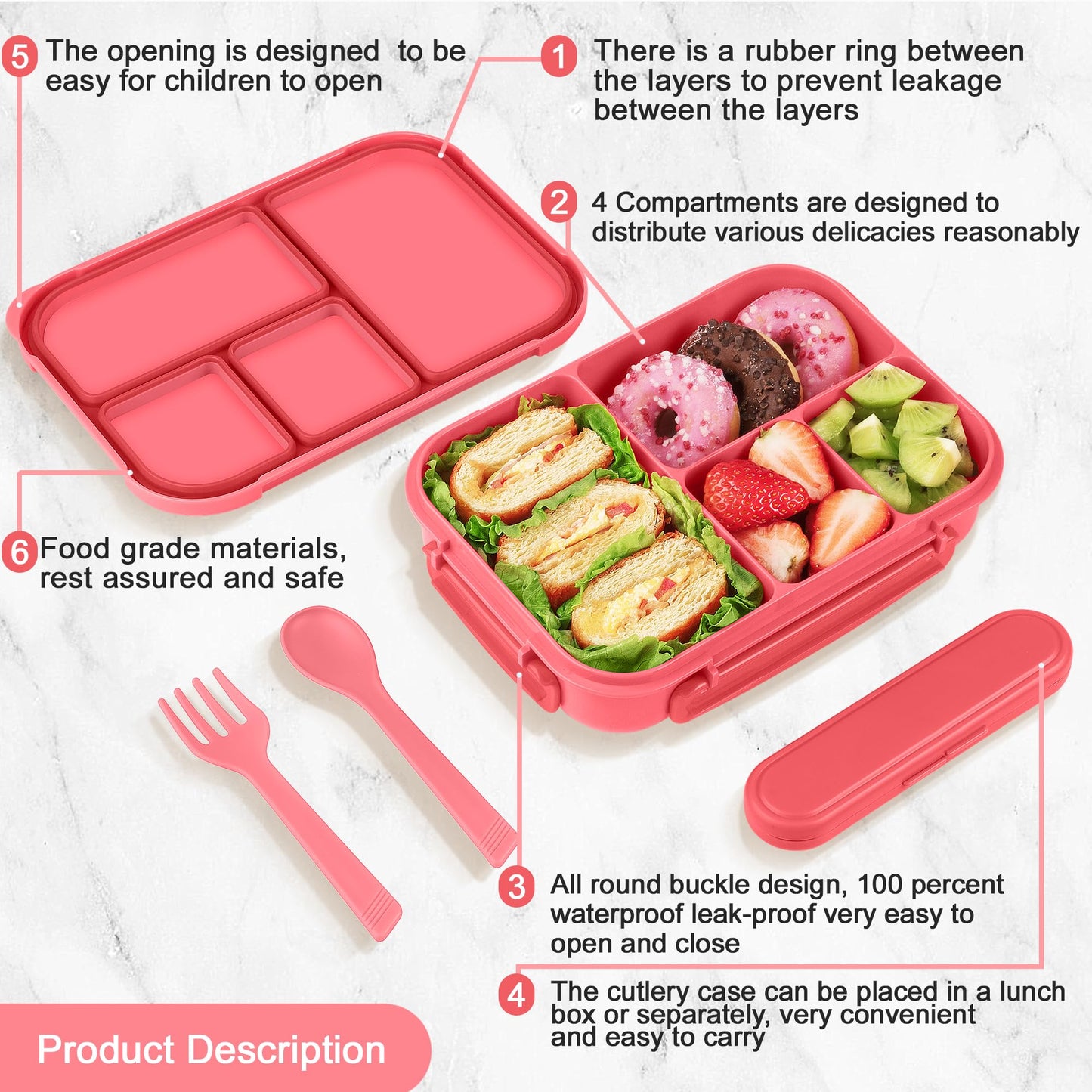 Amathley Lunch Box Kids,Bento Box Adult,Leakproof Lunch Containers for Adults/Kids/Toddler,1200ML-4 Compartments bento Lunch box with Utensil,Microwave & Dishwasher & Freezer Safe (Pink Berry)