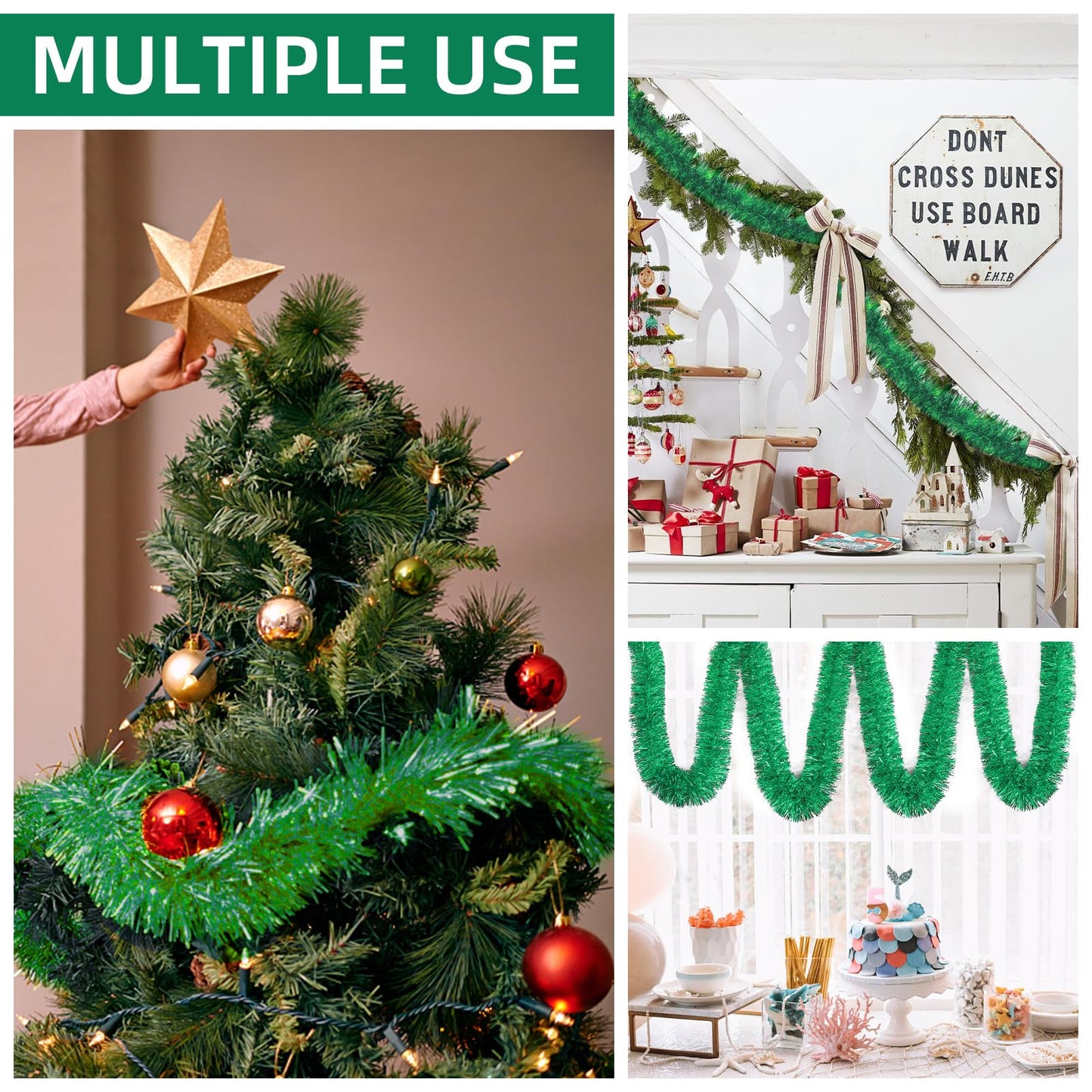 118 Feet Green Christmas Tinsel Garland, Metallic Twist Garland Shiny Hanging Foil Tinsel Garland for Christmas Tree Home Office Party Decoration