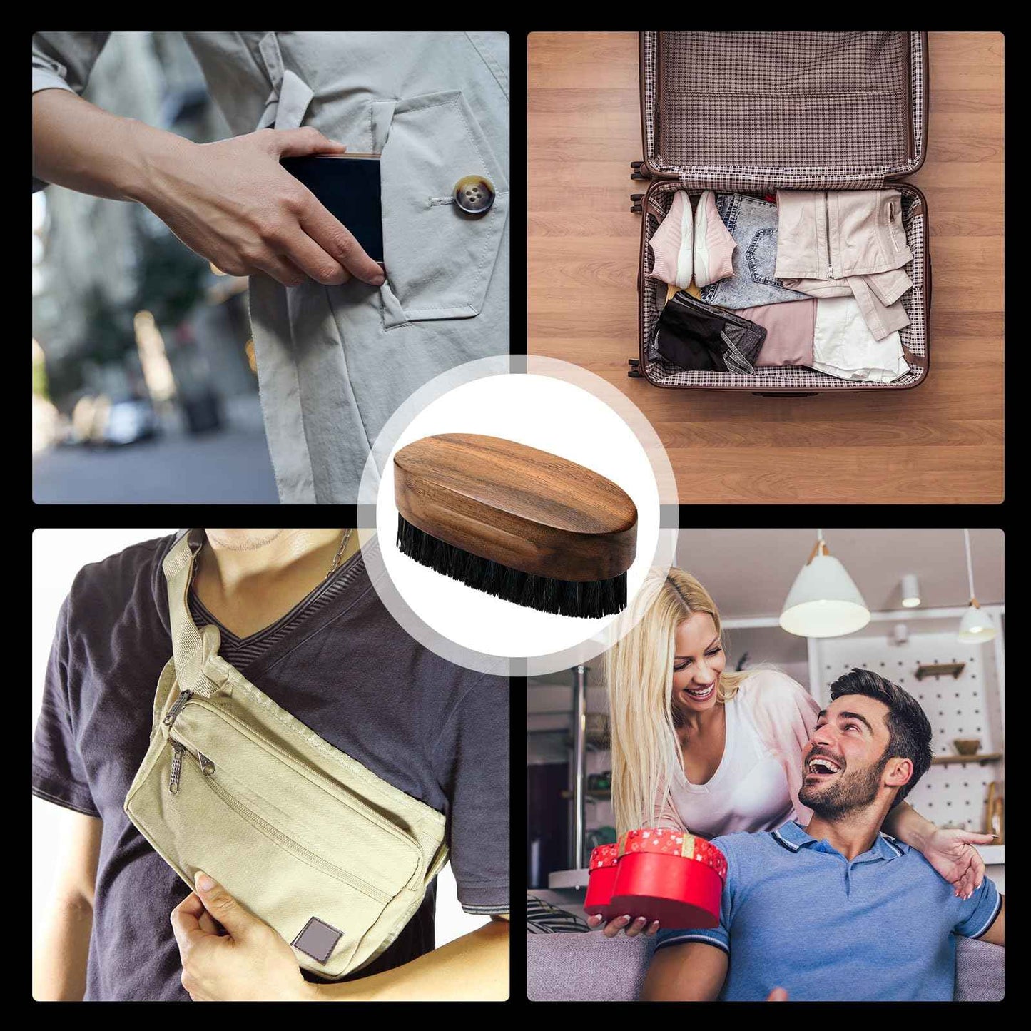 Hushee 6 Pcs Boar Bristle Beard Brush for Men's Mustache Care, 3.35 Inch Small Boar Hair Beard Brush with Black Walnut Wood for Travel, Mens Birthday Gifts for Husband, Son, Father, Grandpa