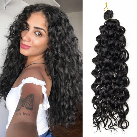 Ocean Wave Crochet Hair Deep Wave Curly Crochet Hair For Black Women Hawaii Curly Braiding Hair Synthetic Bohemian Crochet Braid Water Wave Crochet hair Extensions(Pack of 2, Black)