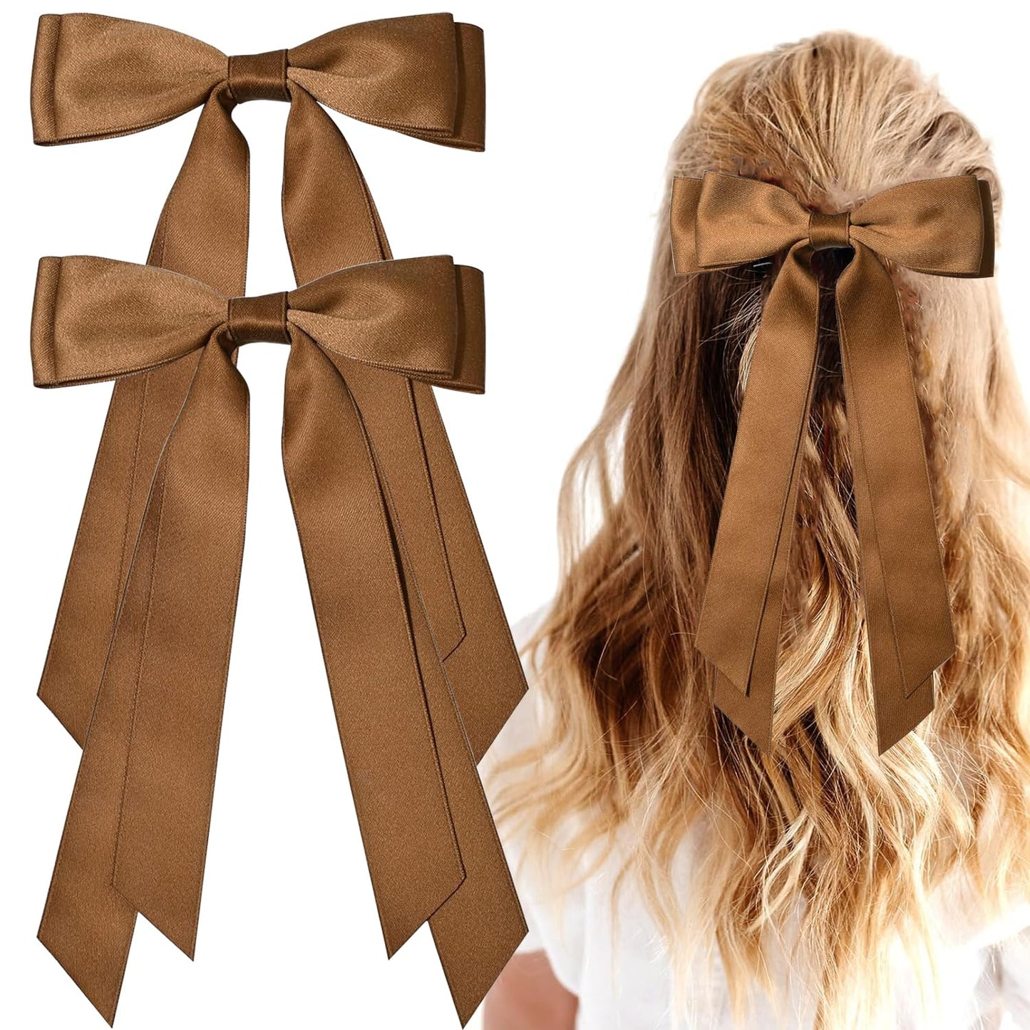 2PCS Silky Satin Hair Bows Ribbon Hair Clips, Fall Alligator Hair Pins, Ponytail Holder Accessories Sides Metal Hair Bow Barrettes Hair Accessories for Women Girls Kids (Brown)