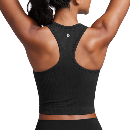 CRZ YOGA Womens Seamless Ribbed Longline High Neck Sports Bra - Racerback Padded Slim Fit Crop Tank Top with Built in Bra Black XX-Small