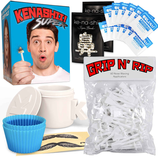 Kenashii Super BUNDLE Nose & Ear Hair Removal Kit | 100 g Wax, 84 Applicators | No Microwave Needed | Nasal Waxing For Men and Women | 12 Balm Wipes, Mustache Guards, Storage Bag