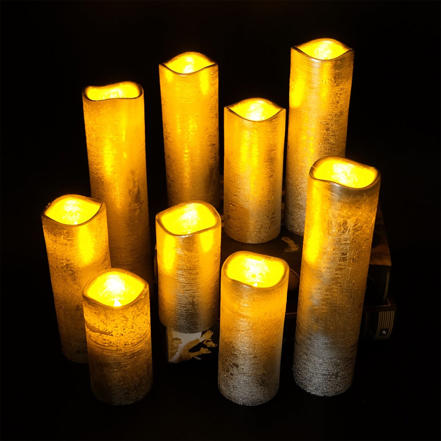 DRomance LED Flameless Flickering Candles Battery Operated with Remote and Timer, Set of 9 Silver Coating Warm Light Real Wax Pillar Candles for Christmas Home Decoration(D 2.2" x H 4"-9")