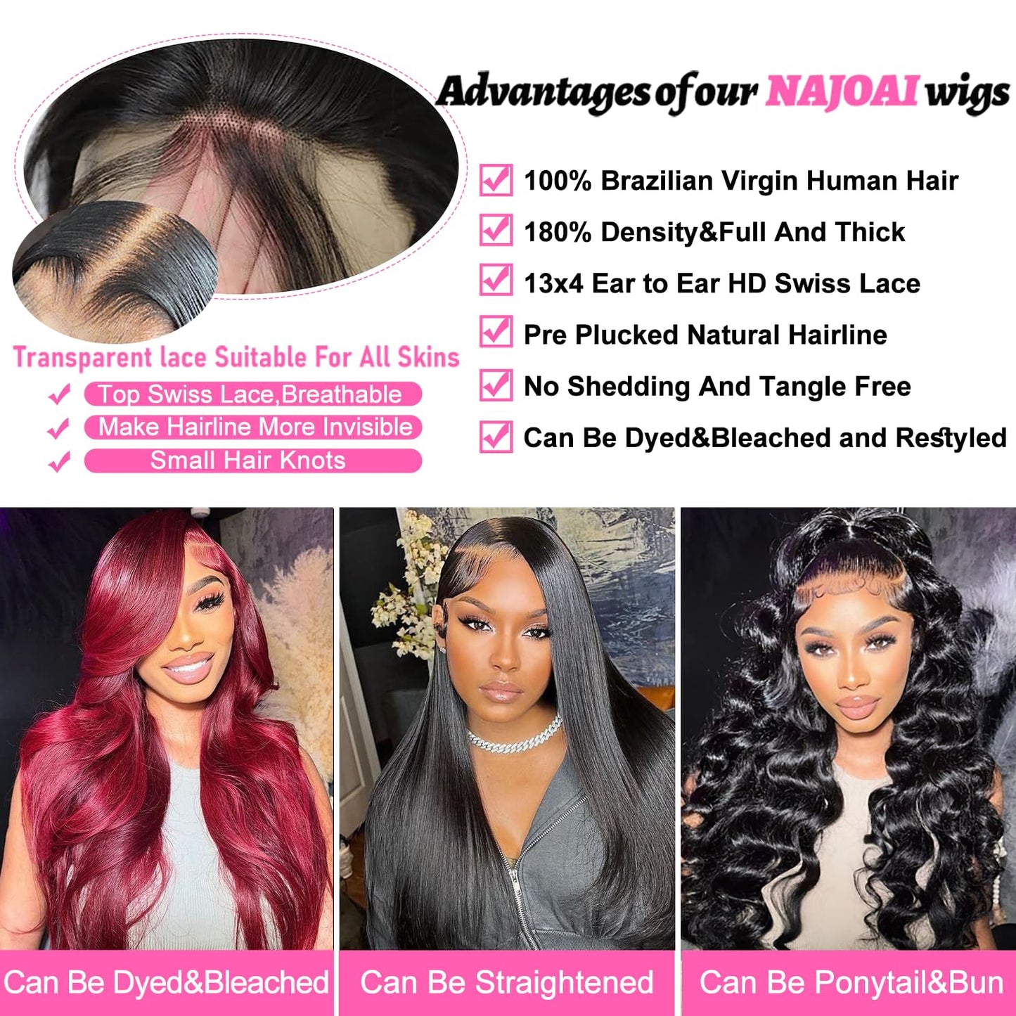 NAJOAI 26 Inch Body Wave Lace Front Wigs Human Hair Pre Plucked 180% Density HD 13x4 Frontal Wigs Glueless Wigs Human Hair Lace Front Wig for Black Women with Baby Hair Natural Black