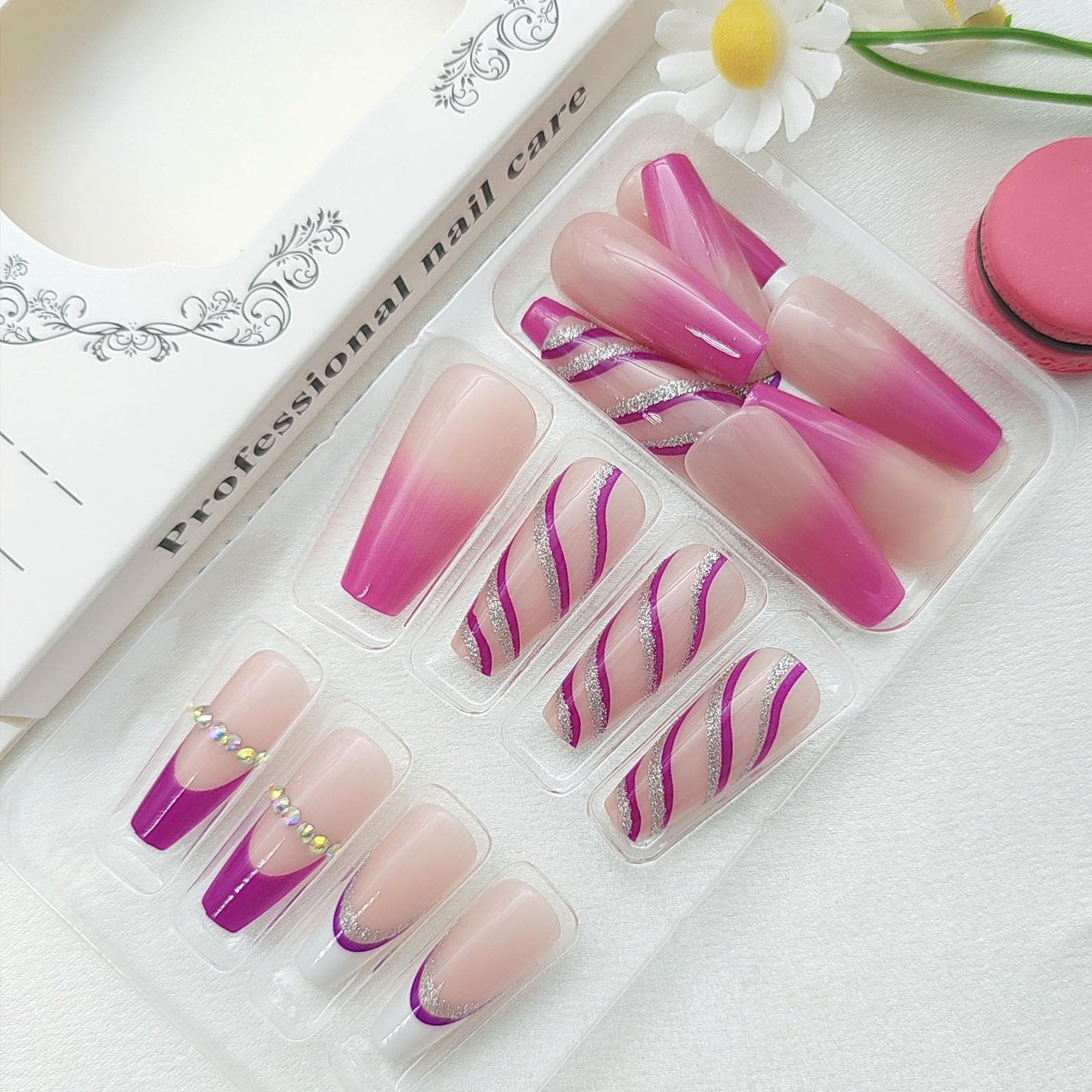 French Tip Press on Nails Long Coffin Fake Nails Purple Swirls Glue on Nails Nude Translucent Nails Press ons Silver Glitter Acrylic Nails 3D Rhinestones & Ombre False Nails for Women 24Pcs