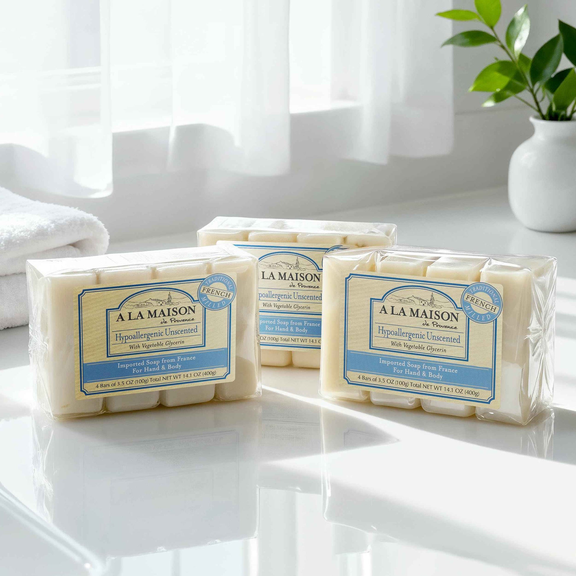 A LA MAISON Hypoallergenic Unscented Bar Soap - Triple French Milled Natural Moisturizing Hand Soap Bar (12 Bars of Soap, 3.5 oz)